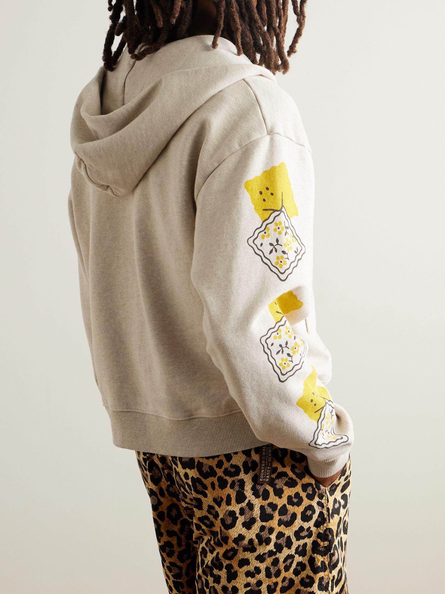 Printed Cotton-Jersey Zip-Up Hoodie Ecru - 3