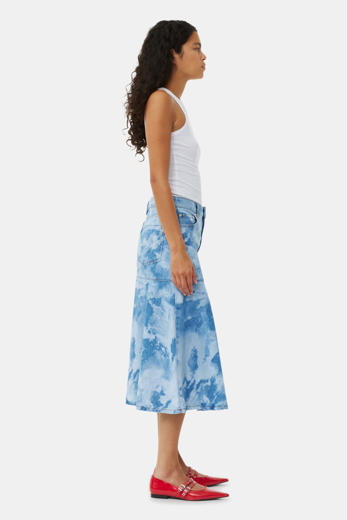 BLUE BLEACH DENIM FLOUNCE MIDI SKIRT - 4