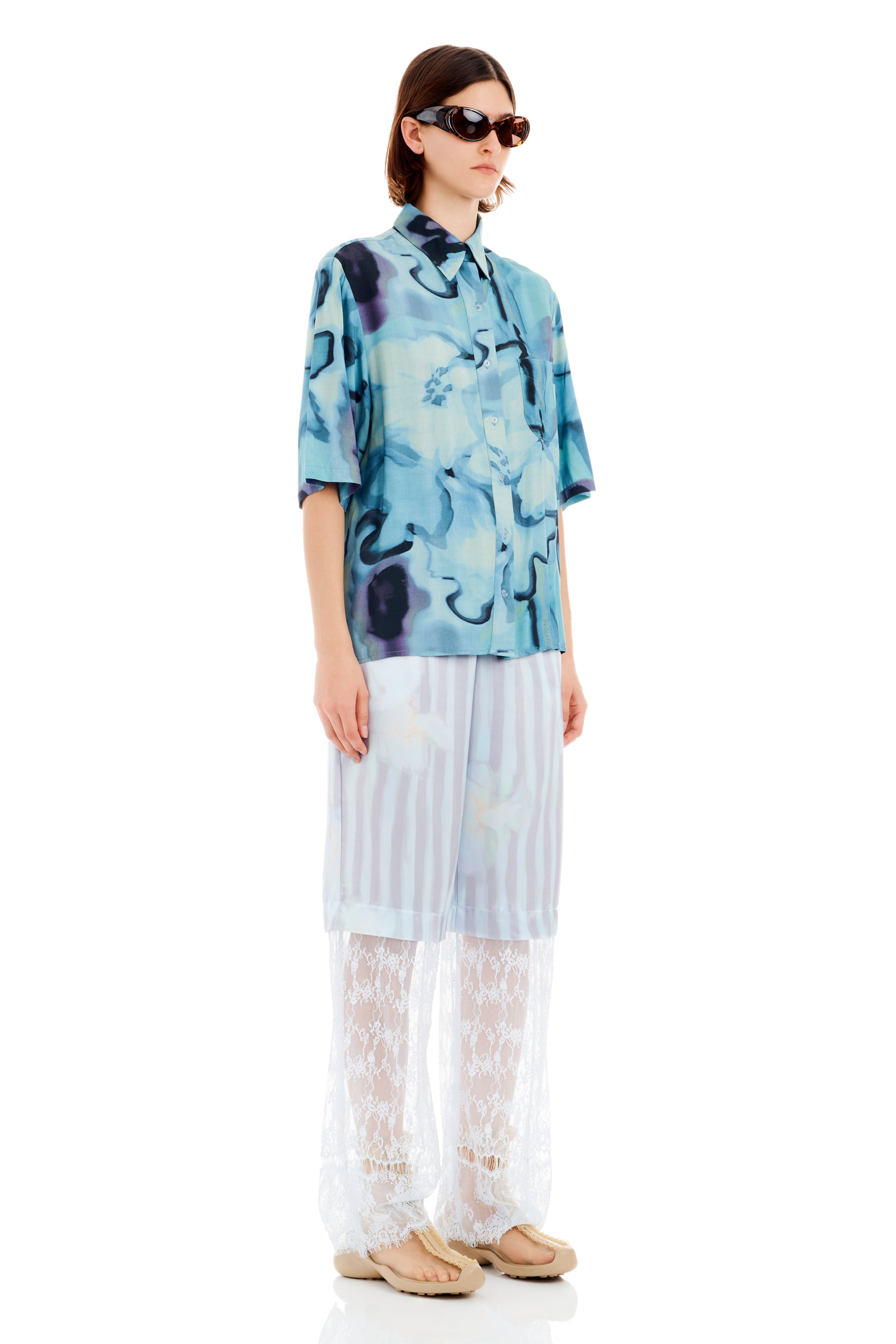 SKY WATERCOLOR FLORAL SUNNY BUTTON UP - 3
