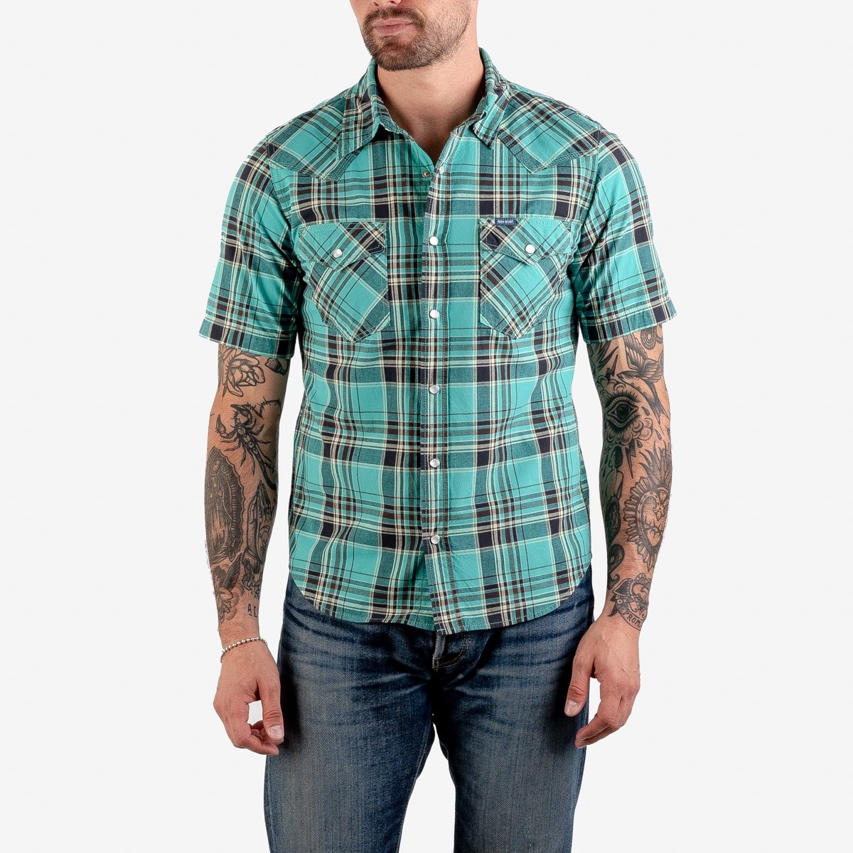 IHSH-359-GRN 5oz Selvedge Madras Check Short Sleeved Western Shirt - Green - 2