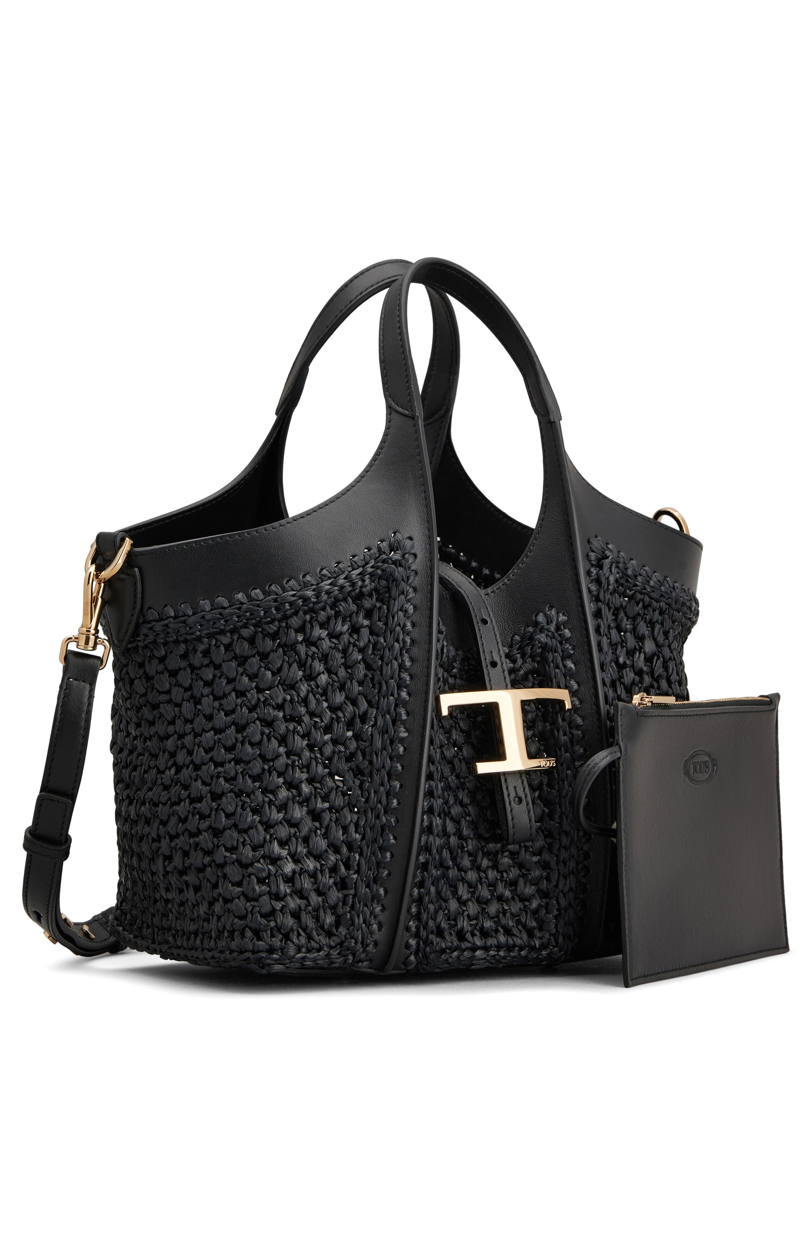 Tod's Mini T Timeless Crochet Raffia & Leather Shopping Bag in Nero at Nordstrom - 2