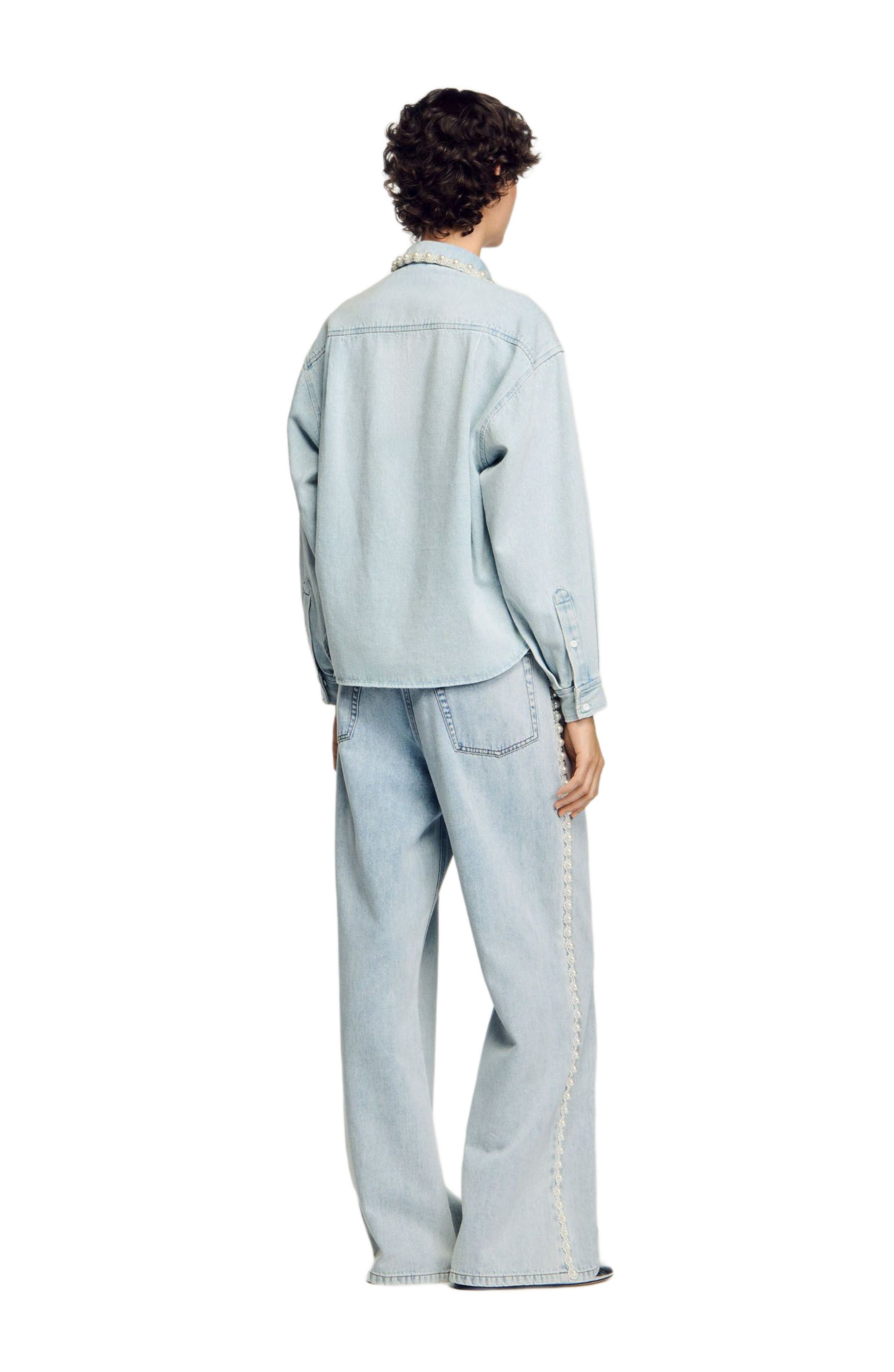SANDRO Denim shirt with beaded collar in Light Bu Jean at Nordstrom - 2