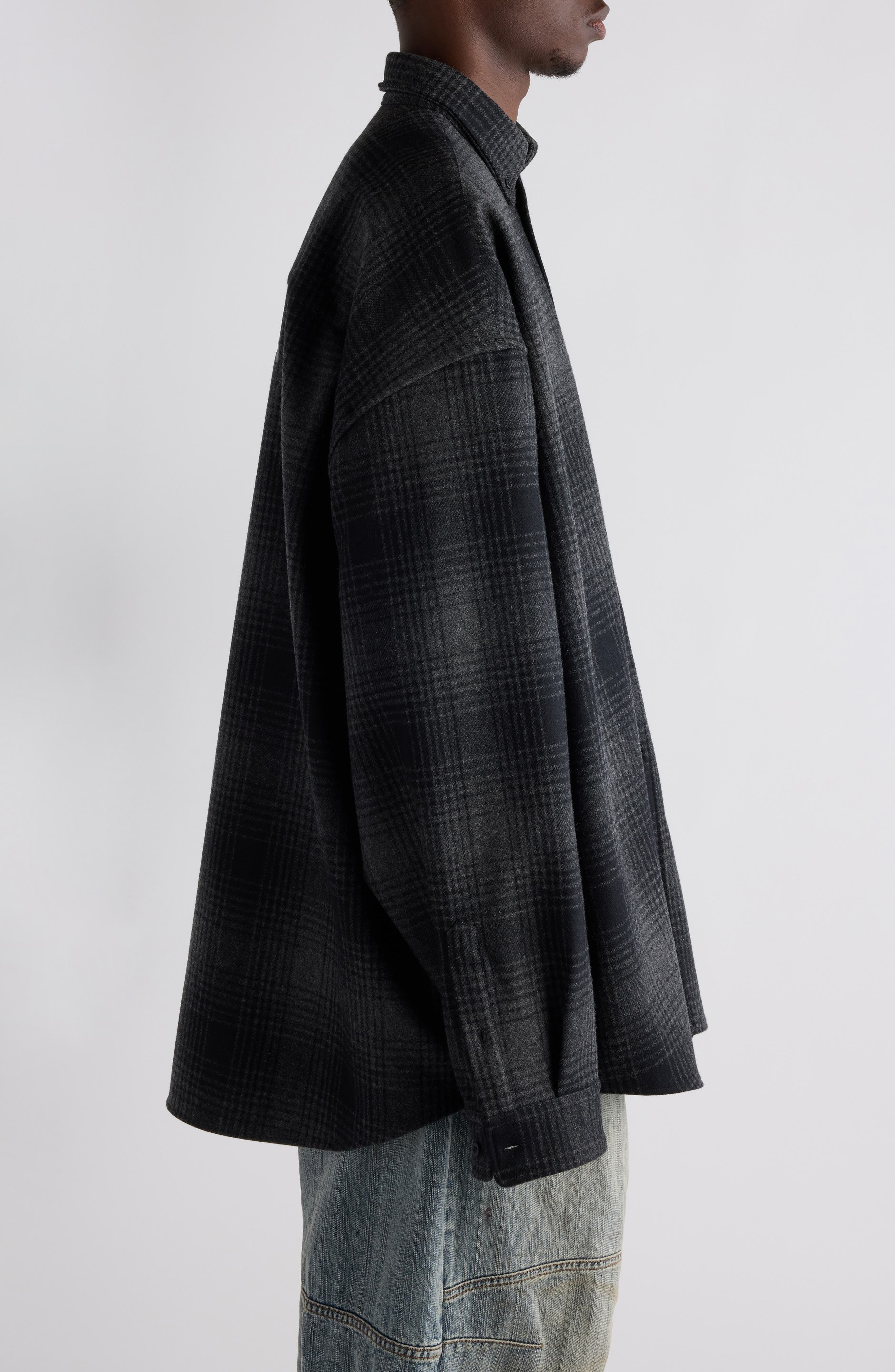 Balenciaga Oversize Plaid Wool Blend Flannel Button-Down Shirt in 1262 Grey/Black at Nordstrom - 4