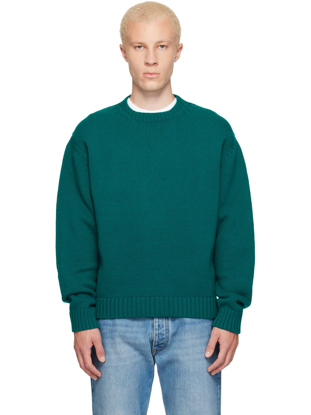 Green Cashmere Wool Crew Neck Sweater - 1