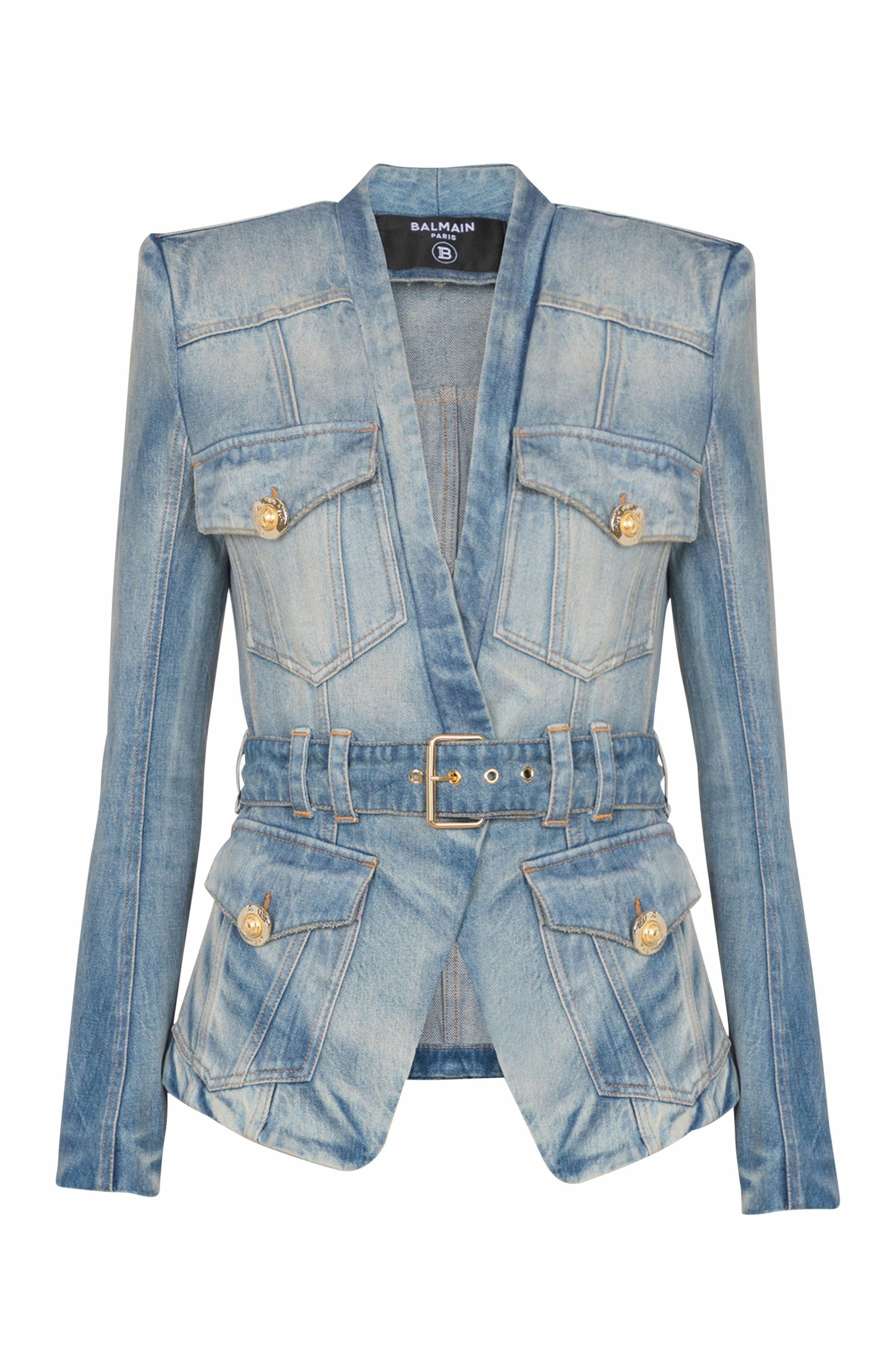 Balmain 1-button belted denim jacket in Blue at Nordstrom - 5