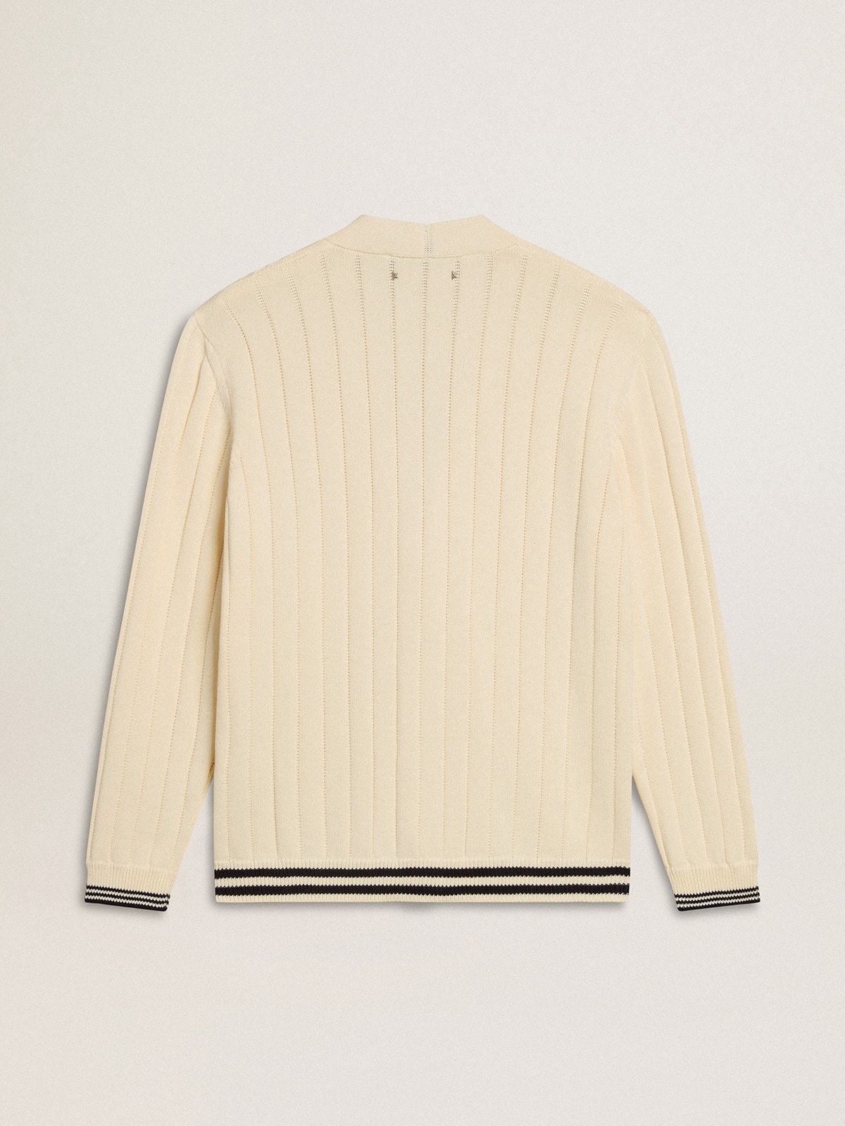 Men's white cotton cardigan with a cable pattern and blue ribbing - 6