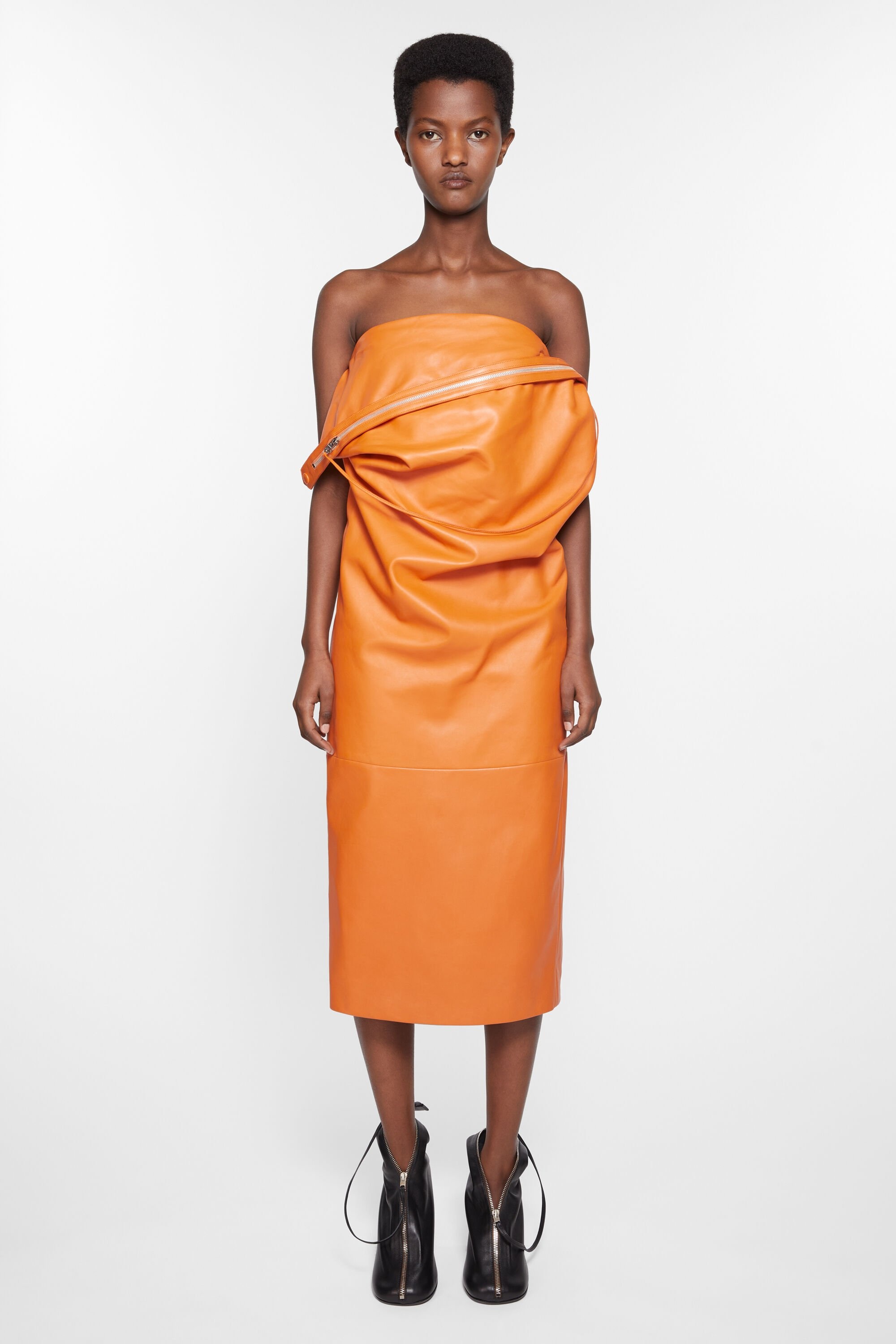 Leather zipper tape dress - Apricot orange - 2