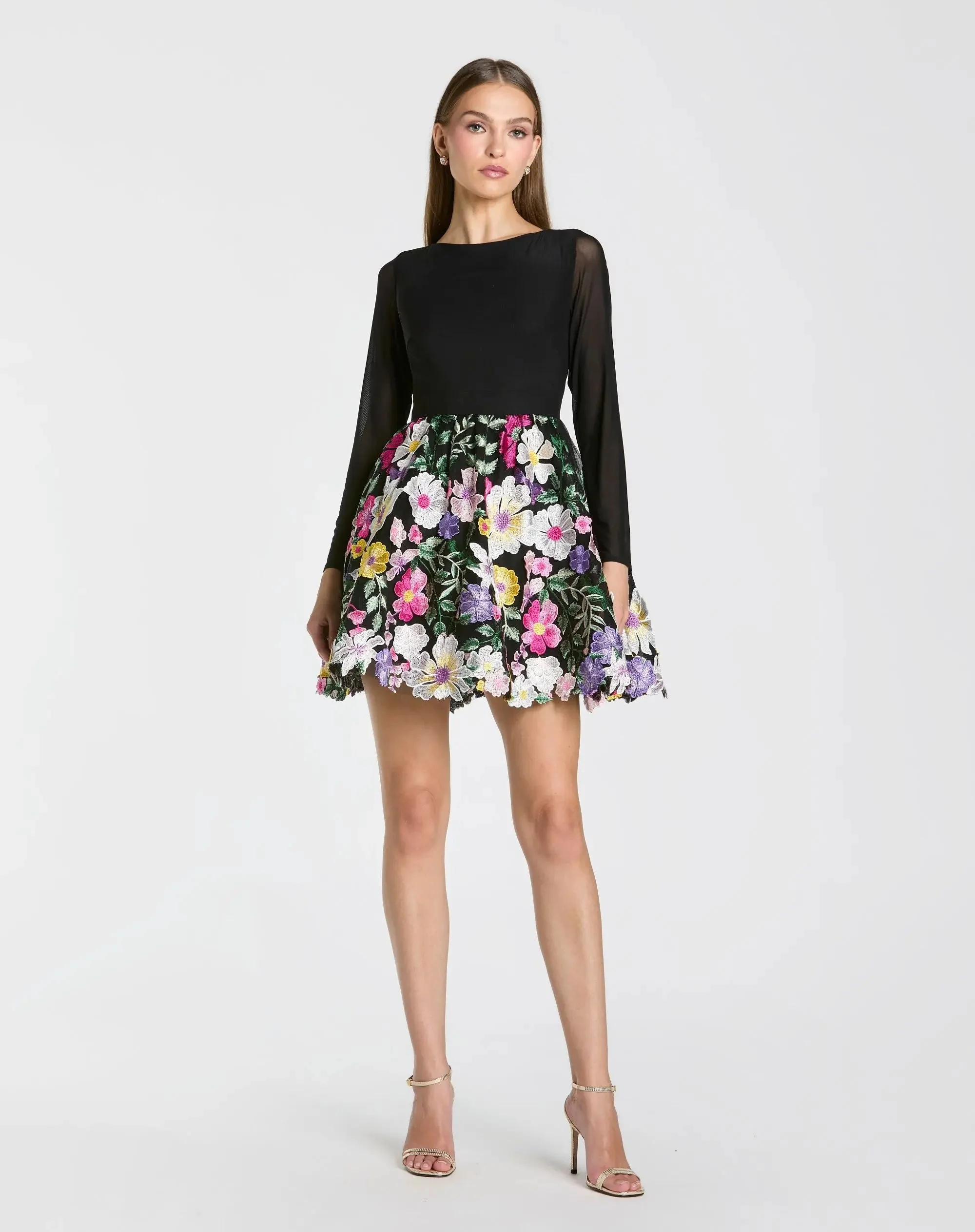 Black Long Sleeve Mini Dress With Floral Embroidery - 1
