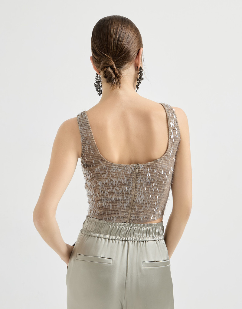 Brunello Cucinelli Dazzling cascade embroidery cropped top in crispy silk outlook