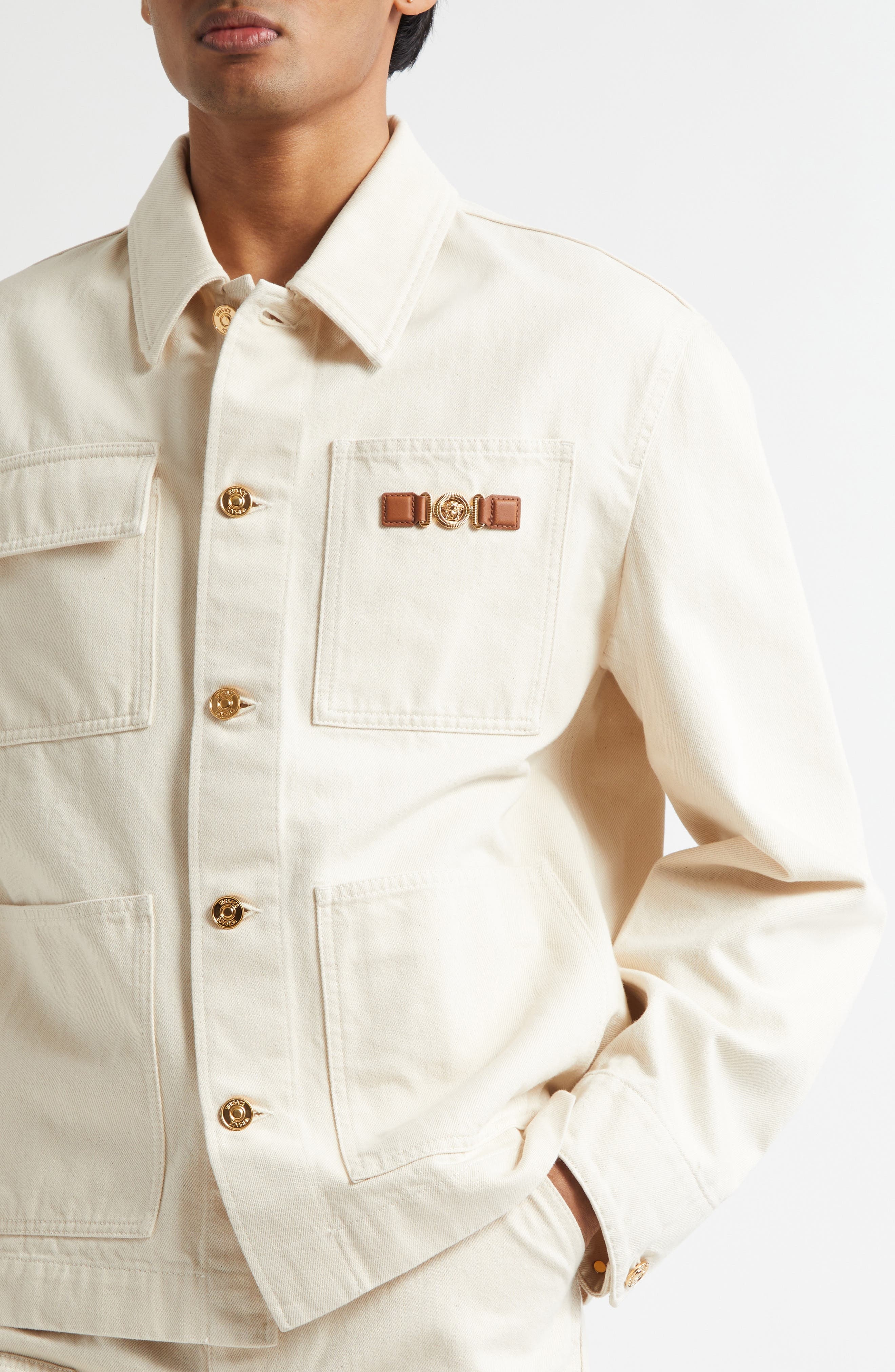 Versace Medusa Biggie Carpenter Denim Jacket in Ecru at Nordstrom - 4