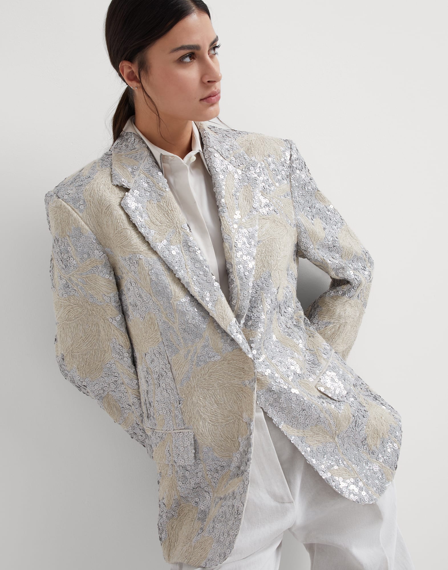Linen blazer with magnolia embroidery - 4