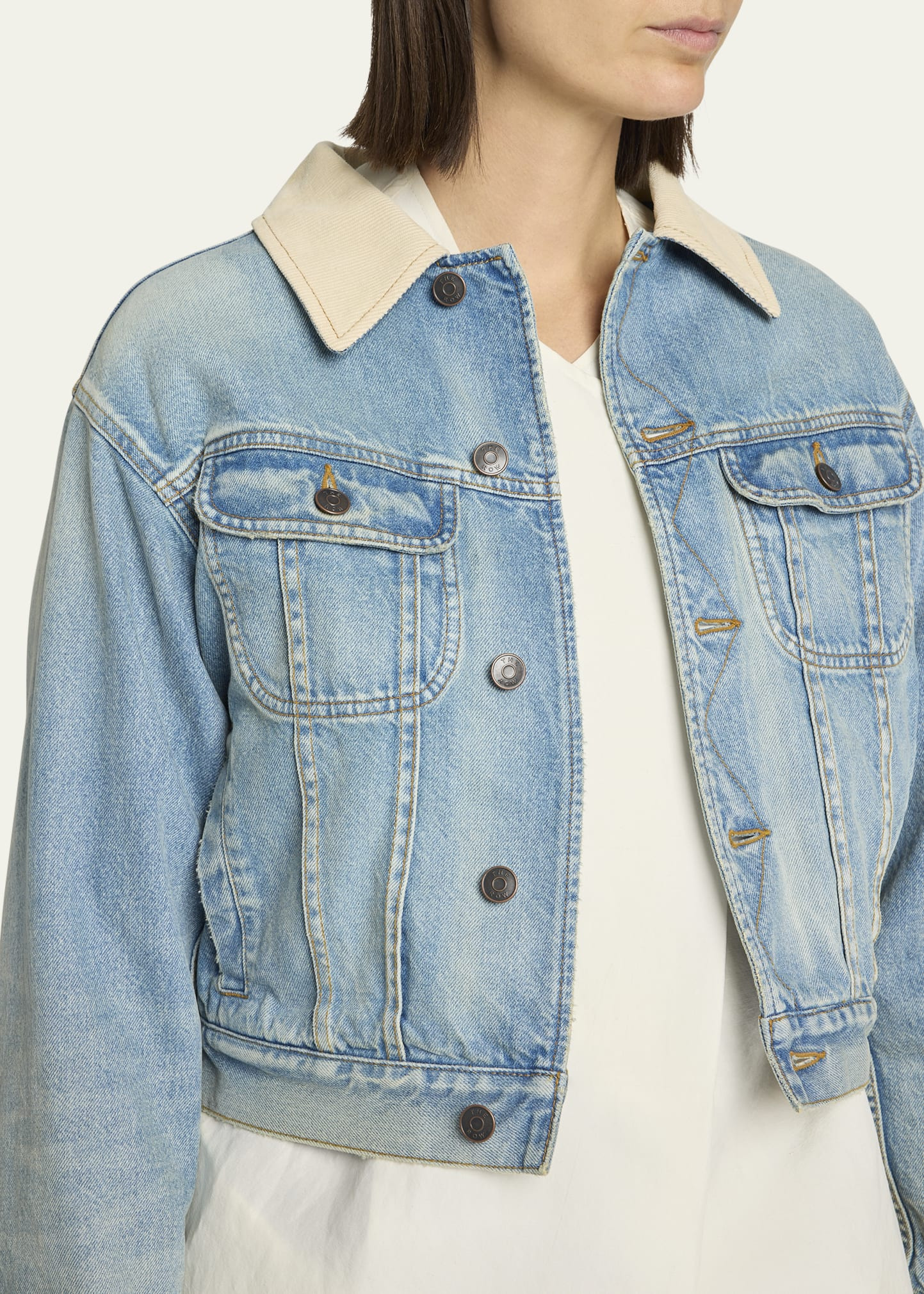 Joras Crop Denim Jacket with Corduroy Collar - 5