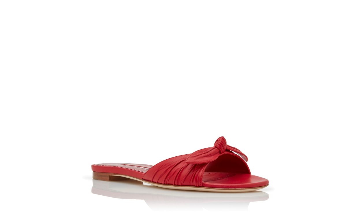 Red Nappa Leather Bow Detail Flat Sandals - 3
