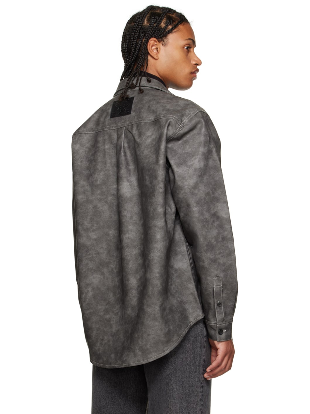 Gray Hook-Eye Faux-Leather Shirt - 3