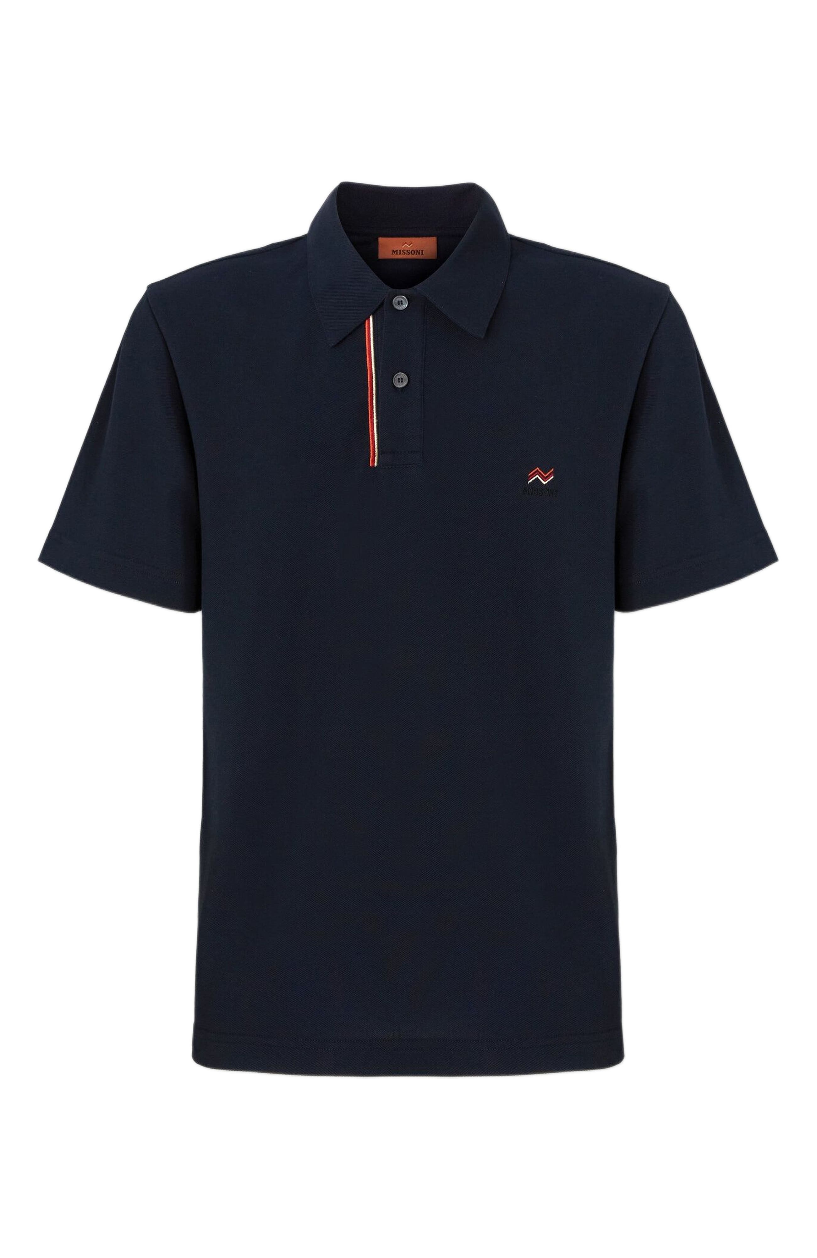 Missoni Solid Color Cotton Piqué Polo Shirt With Zigzag Embroidery And Contrasting Detail in Blue at - 6