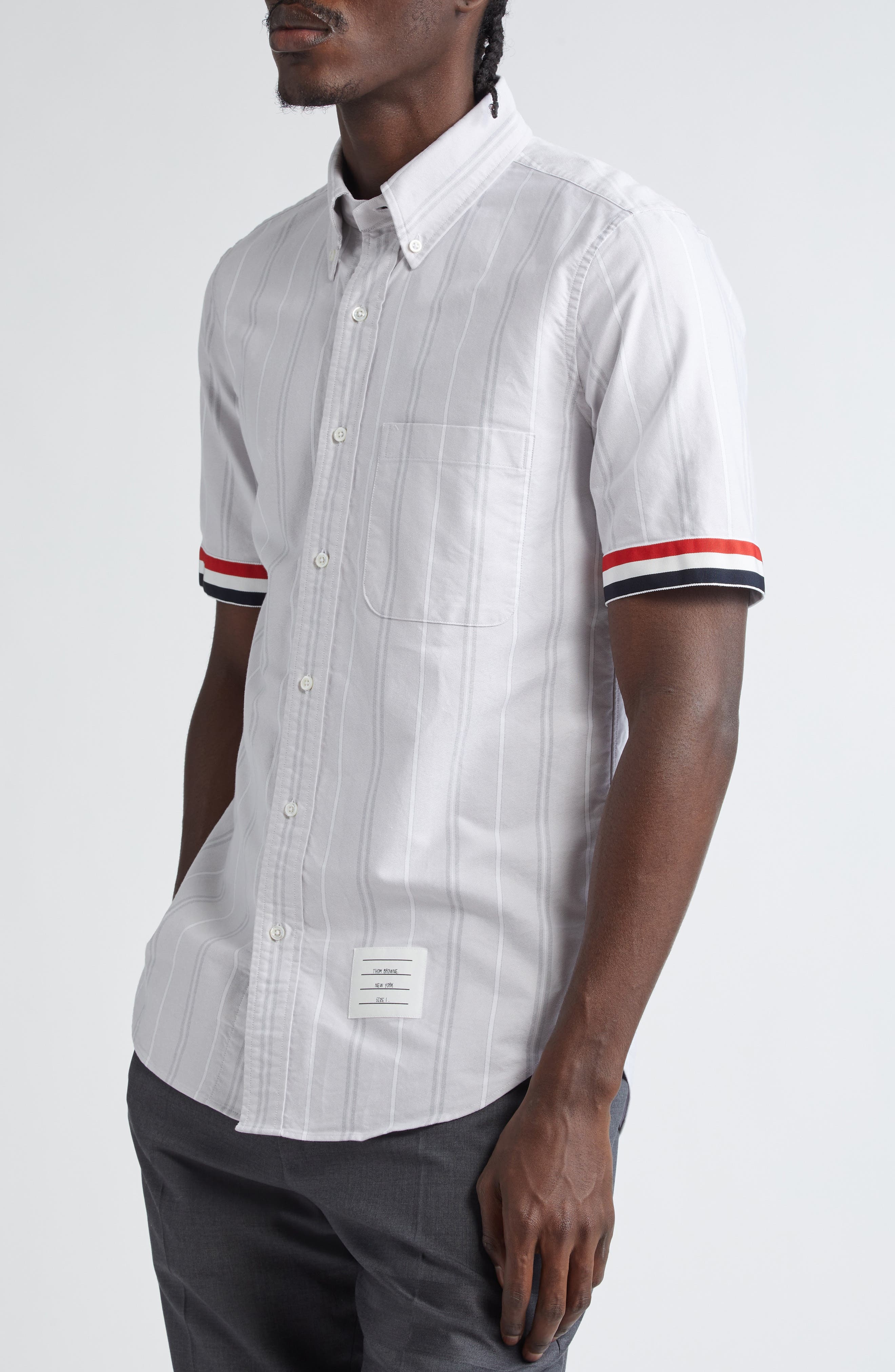 Thom Browne Straight Fit Stripe Short Sleeve Cotton Button-Down Shirt in Medium Grey at Nordstrom - 4