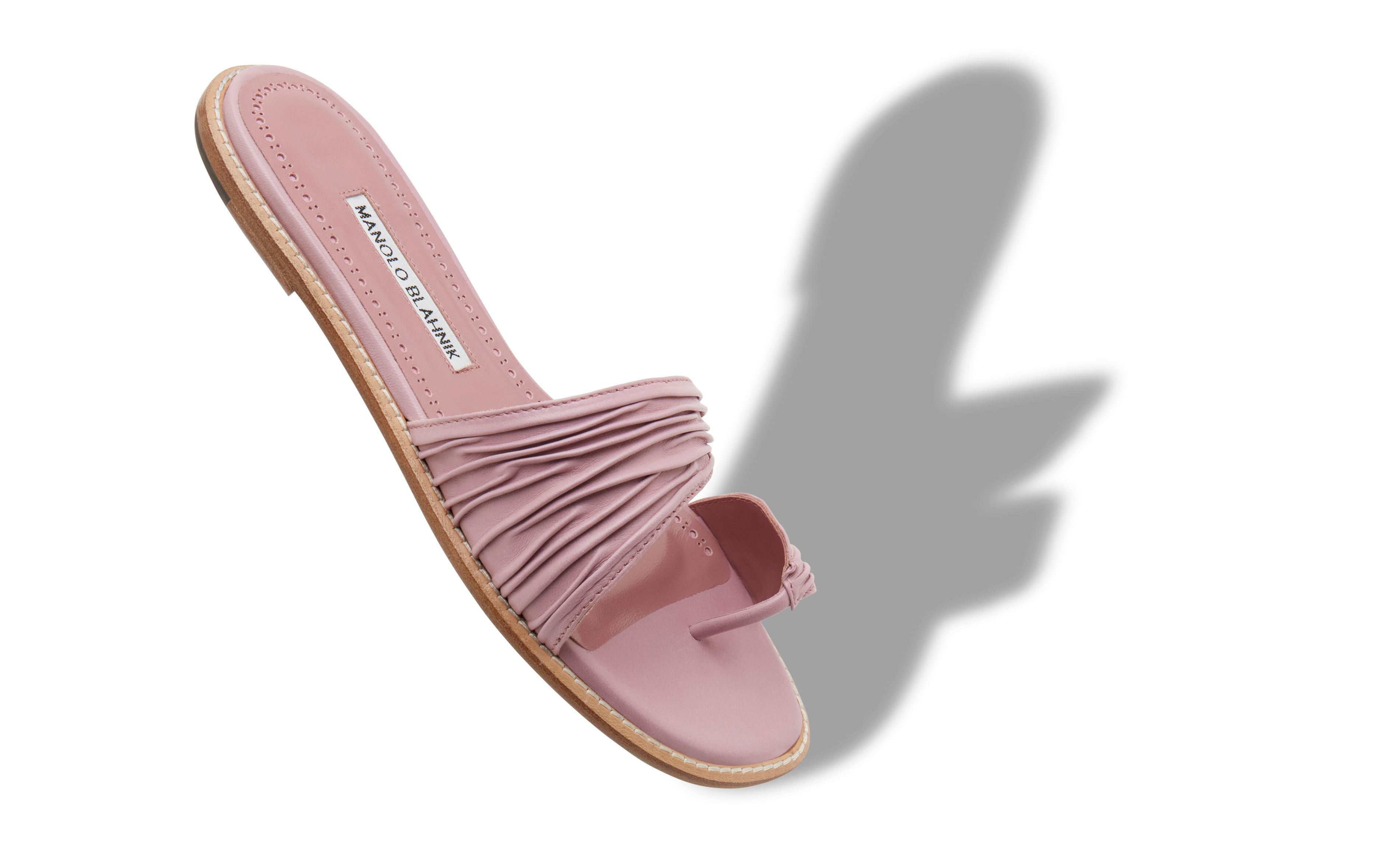 Pink Nappa Leather Gathered Flat Sandals - 2