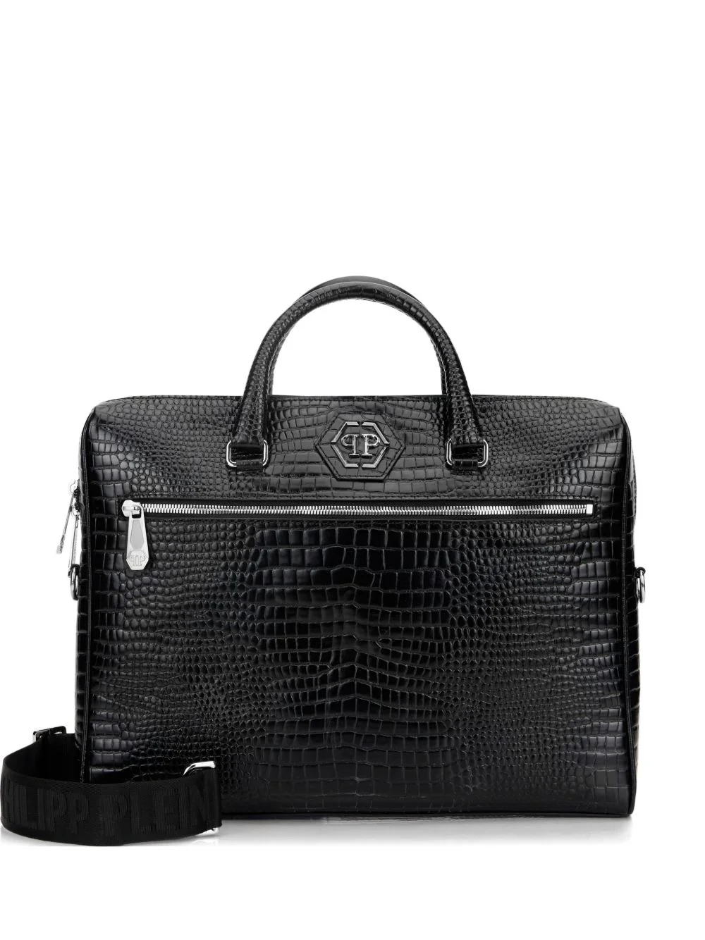 crocodile print logo patch laptop bag - 1