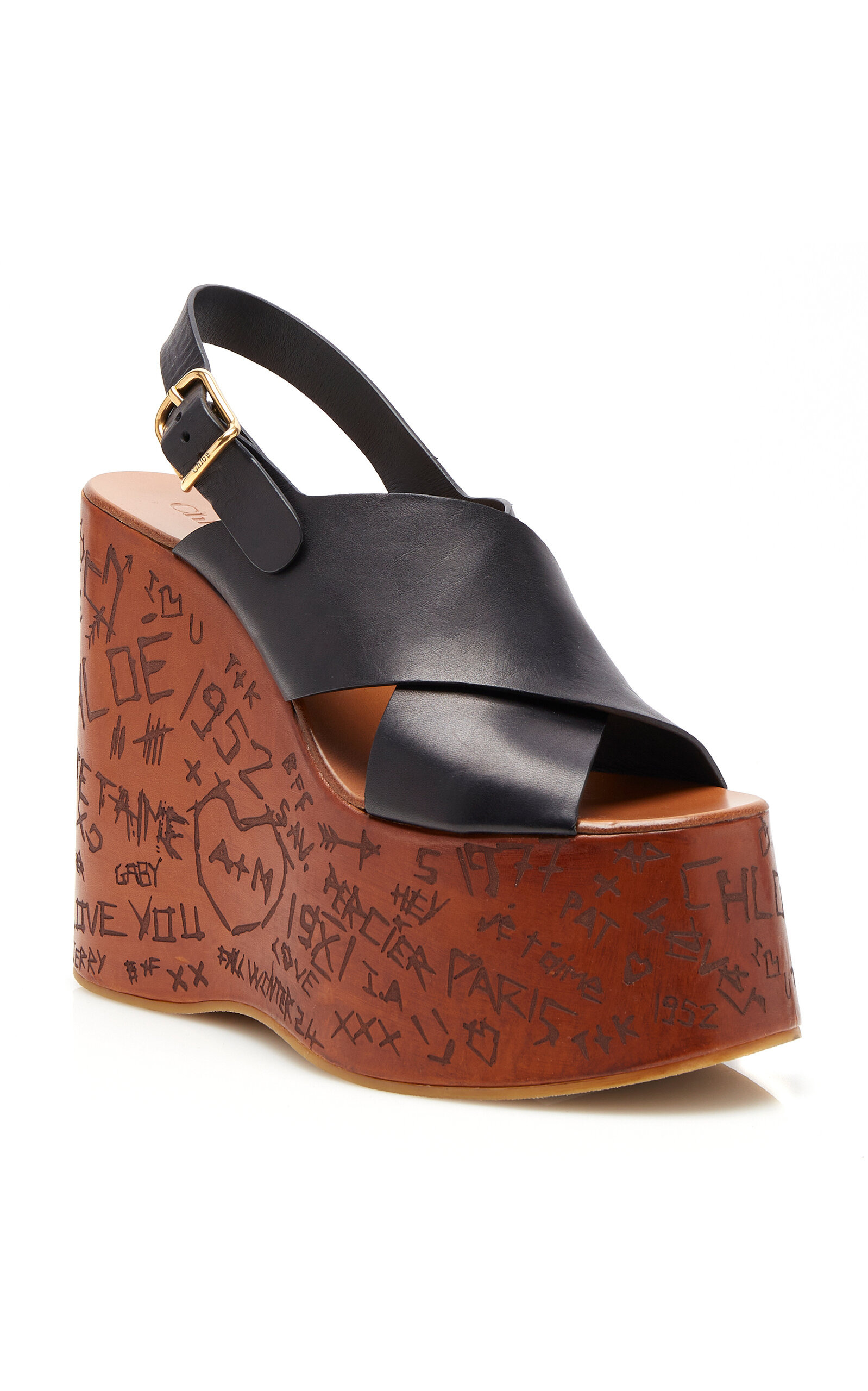 Maxime Carved Leather Wedge Sandals black - 5