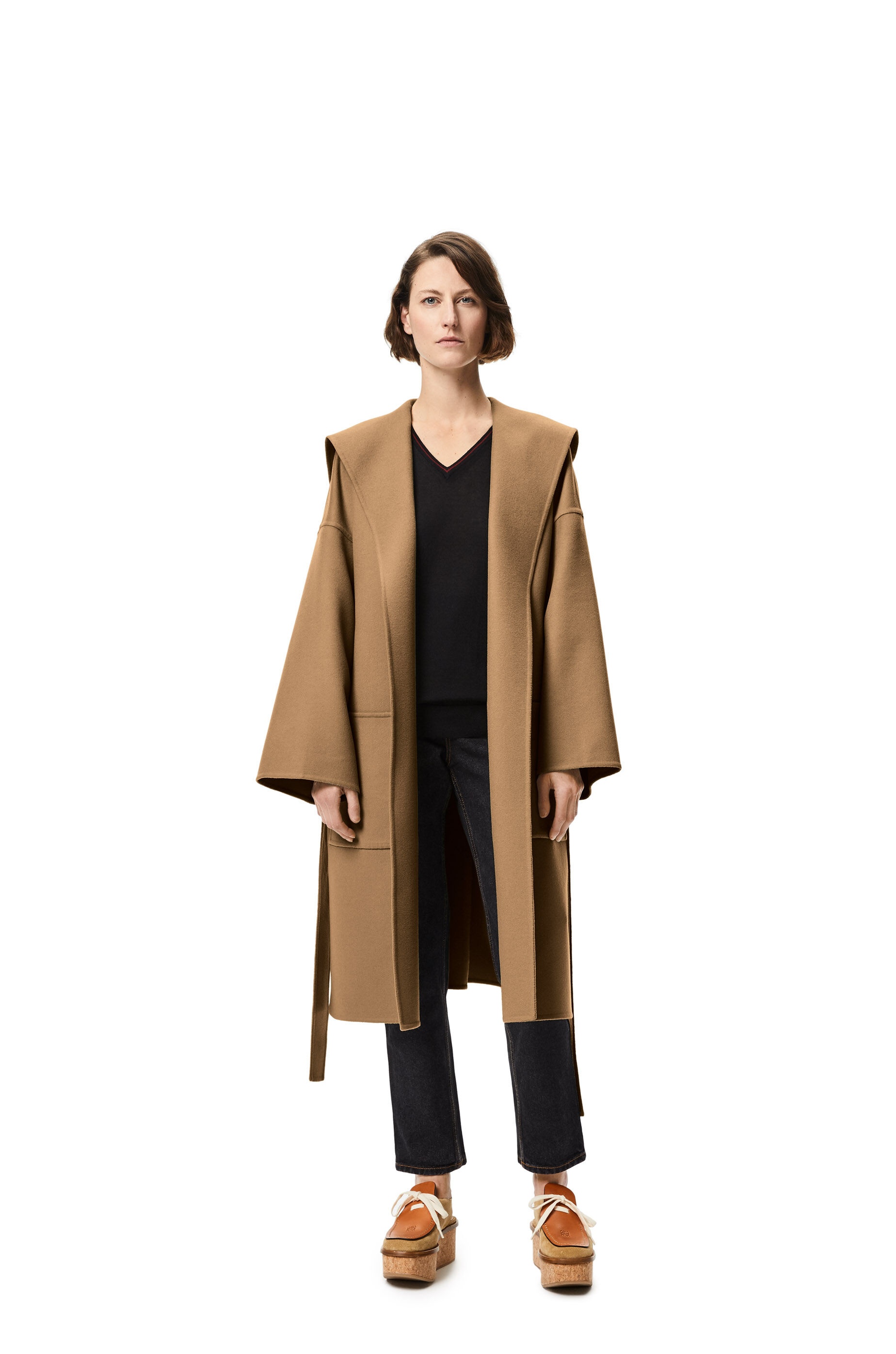 Hooded belted coat in wool and cashmere - 2