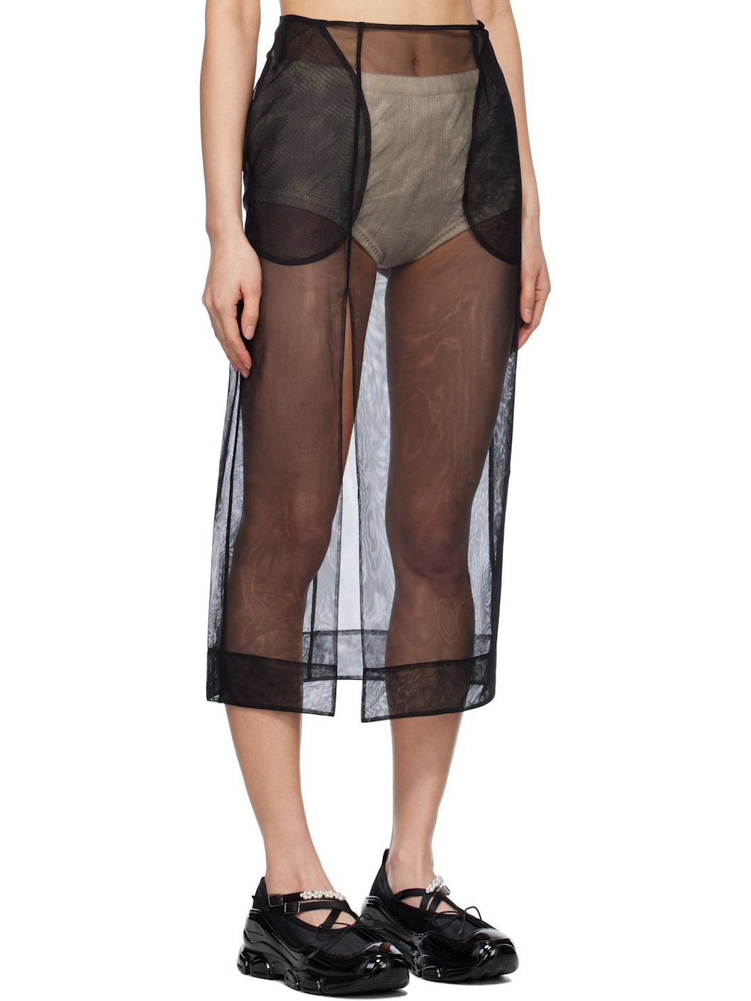 Black Sheer Slit Pencil Midi Skirt - 2