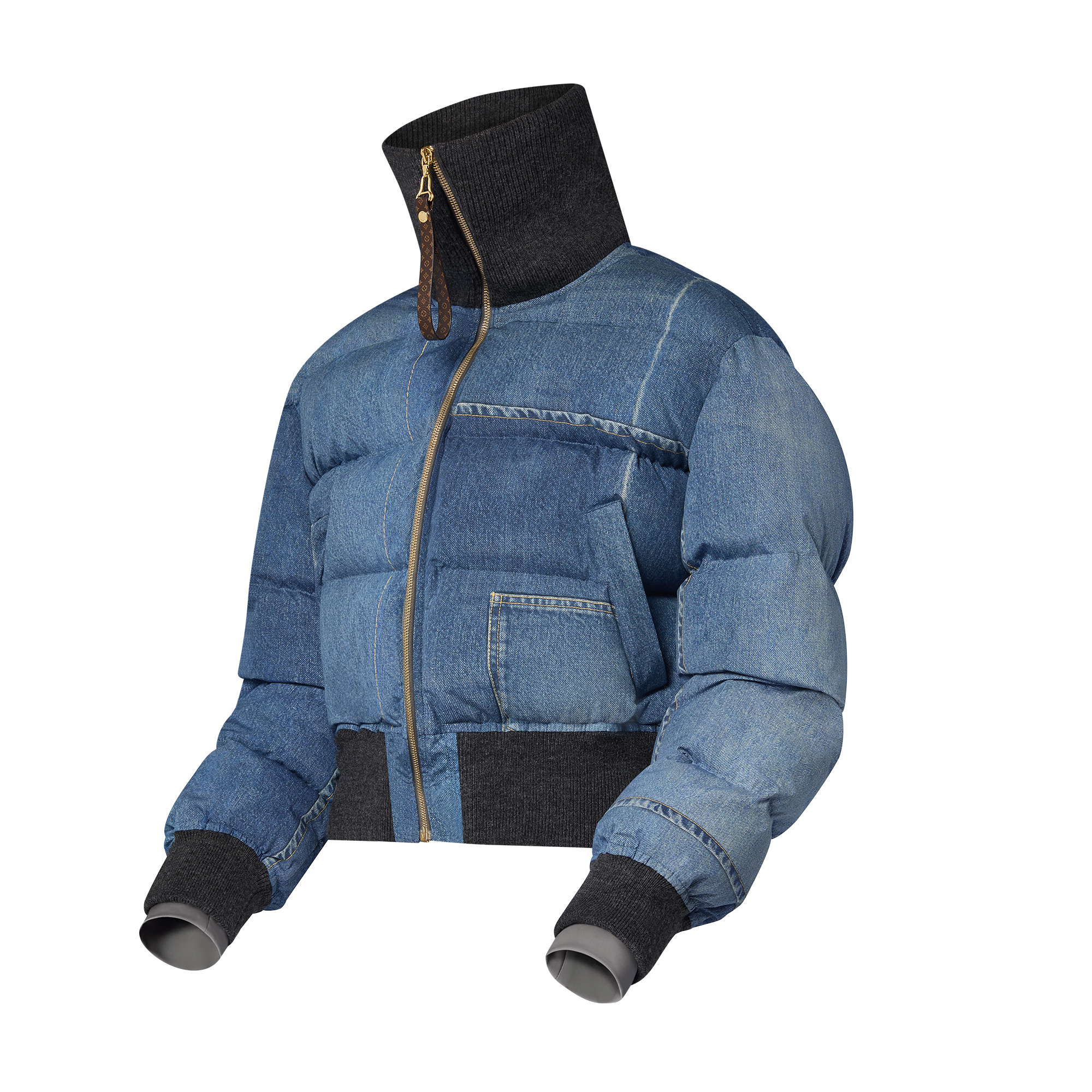 Denim Print Cropped Puffer Jacket - 2