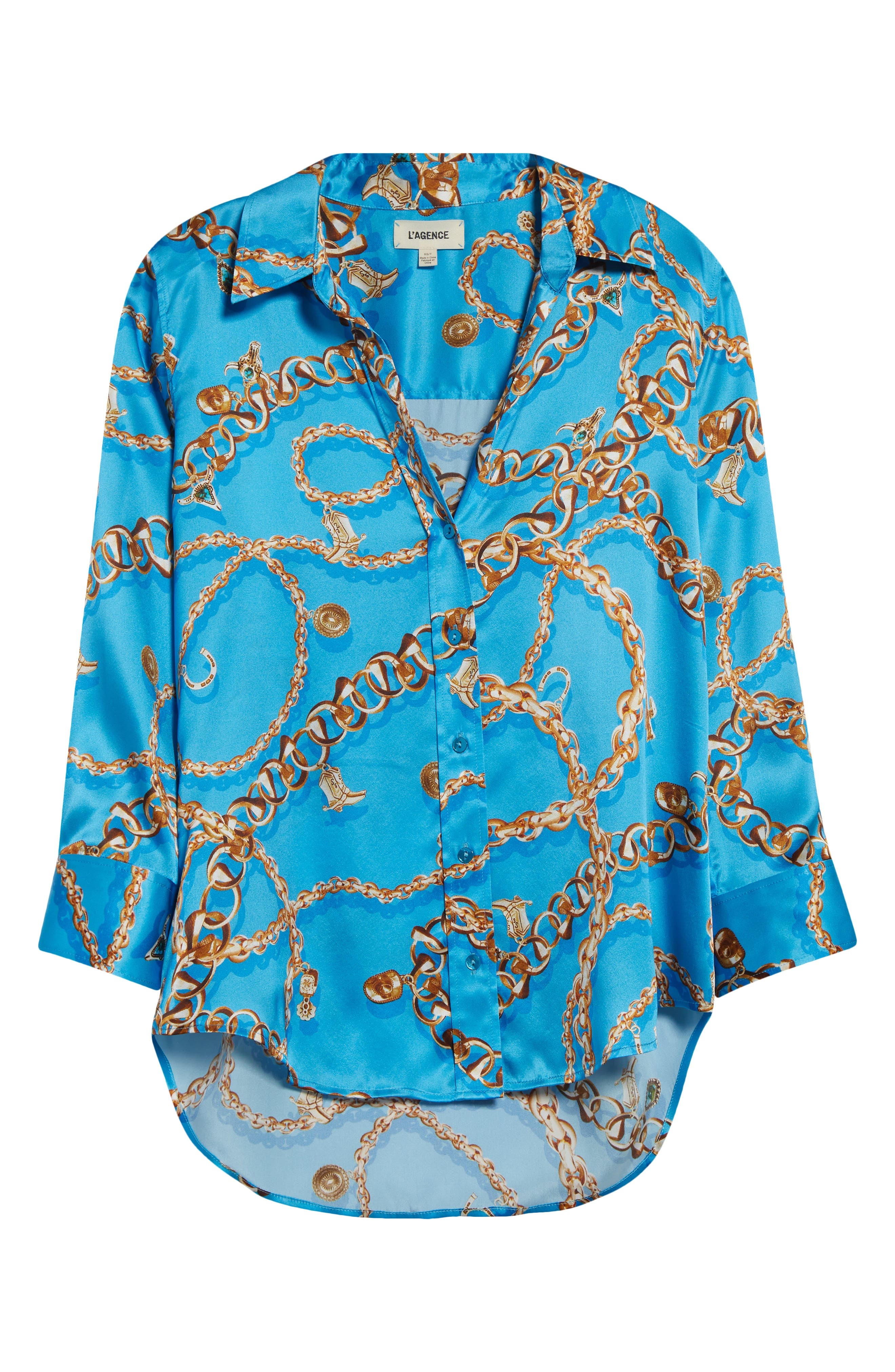 L'AGENCE Dani Chain Print Three-Quarter Sleeve Silk Button-Up Shirt in Dresden Blue/Gold Chain at No - 5