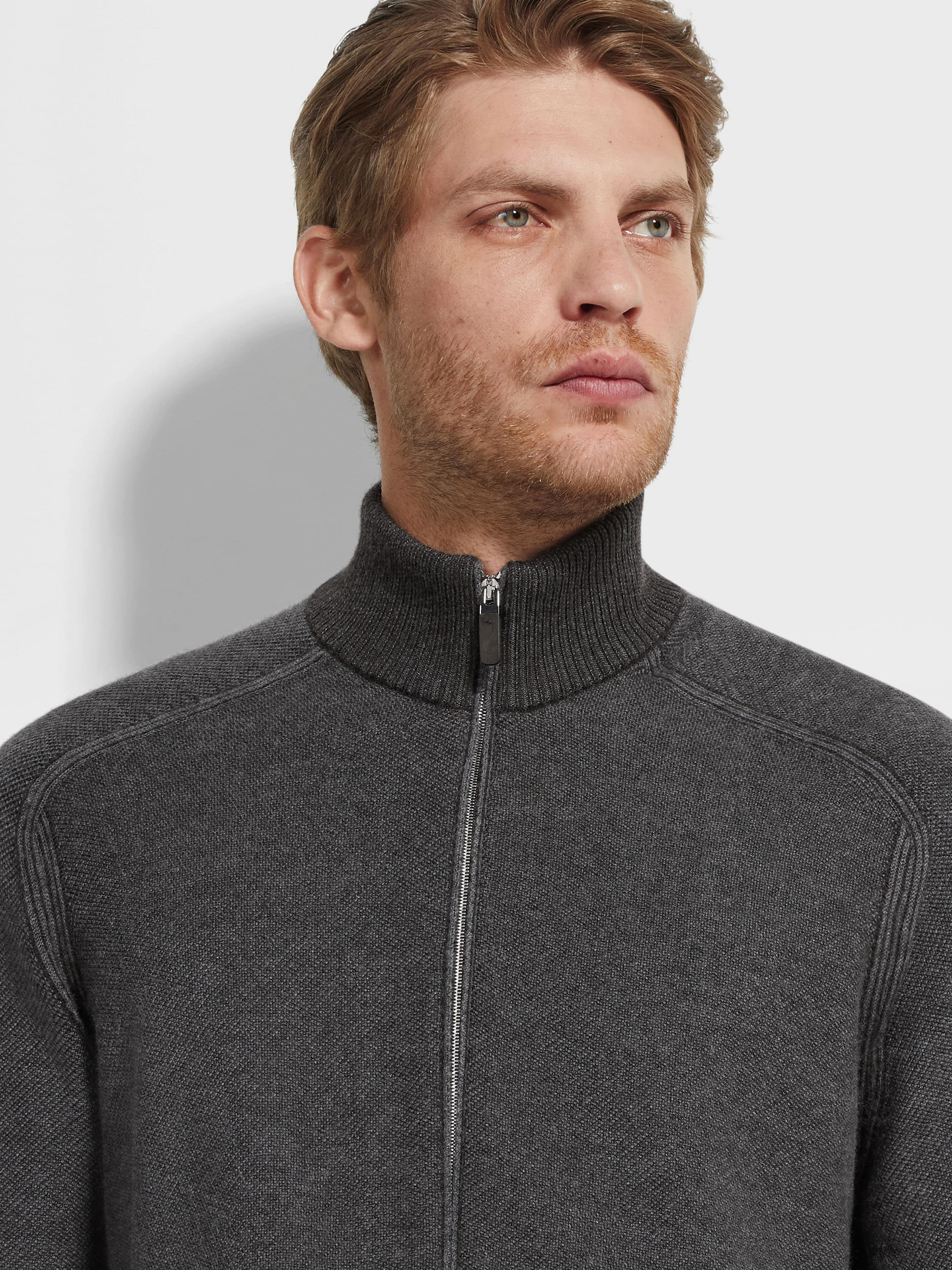 GREY AND DARK BROWN CASHSETA FULL ZIP CARDIGAN - 2