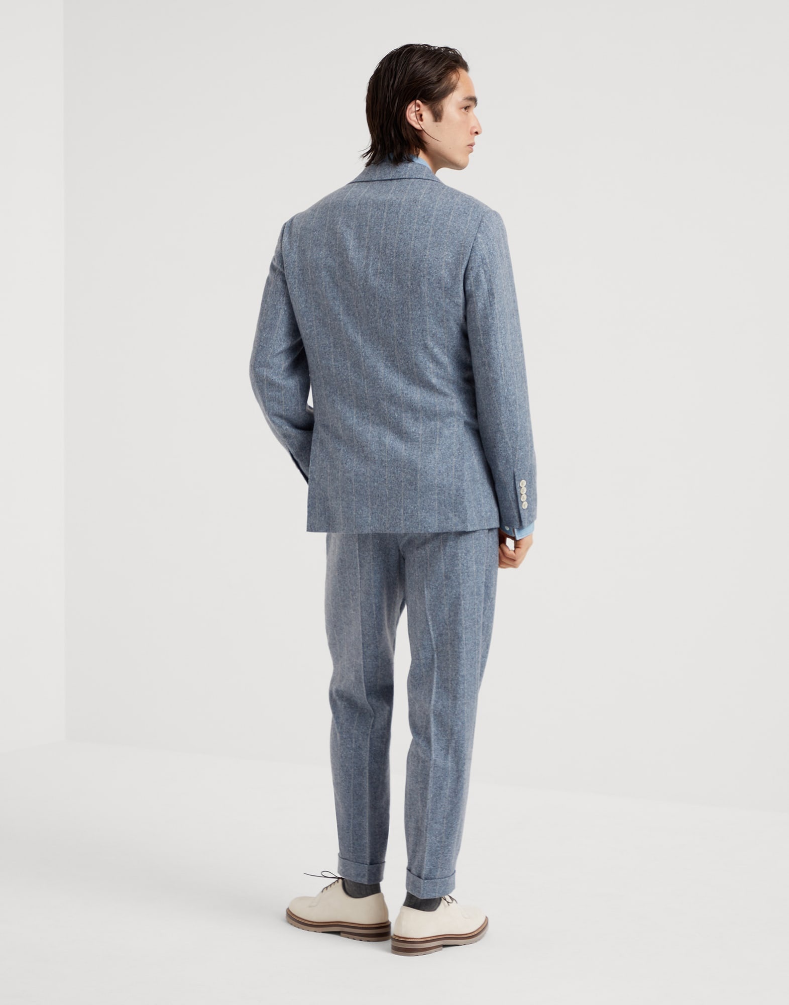 Flecked silk, wool and cashmere chalk stripe flannel Leisure suit: peak lapel jacket and trousers wi - 2