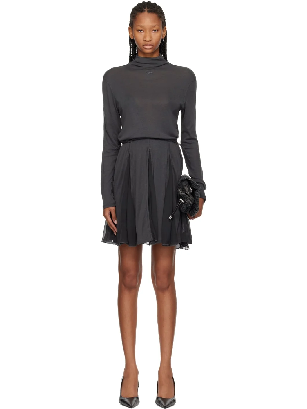 Gray Jersey & Chiffon Turtleneck Minidress - 1