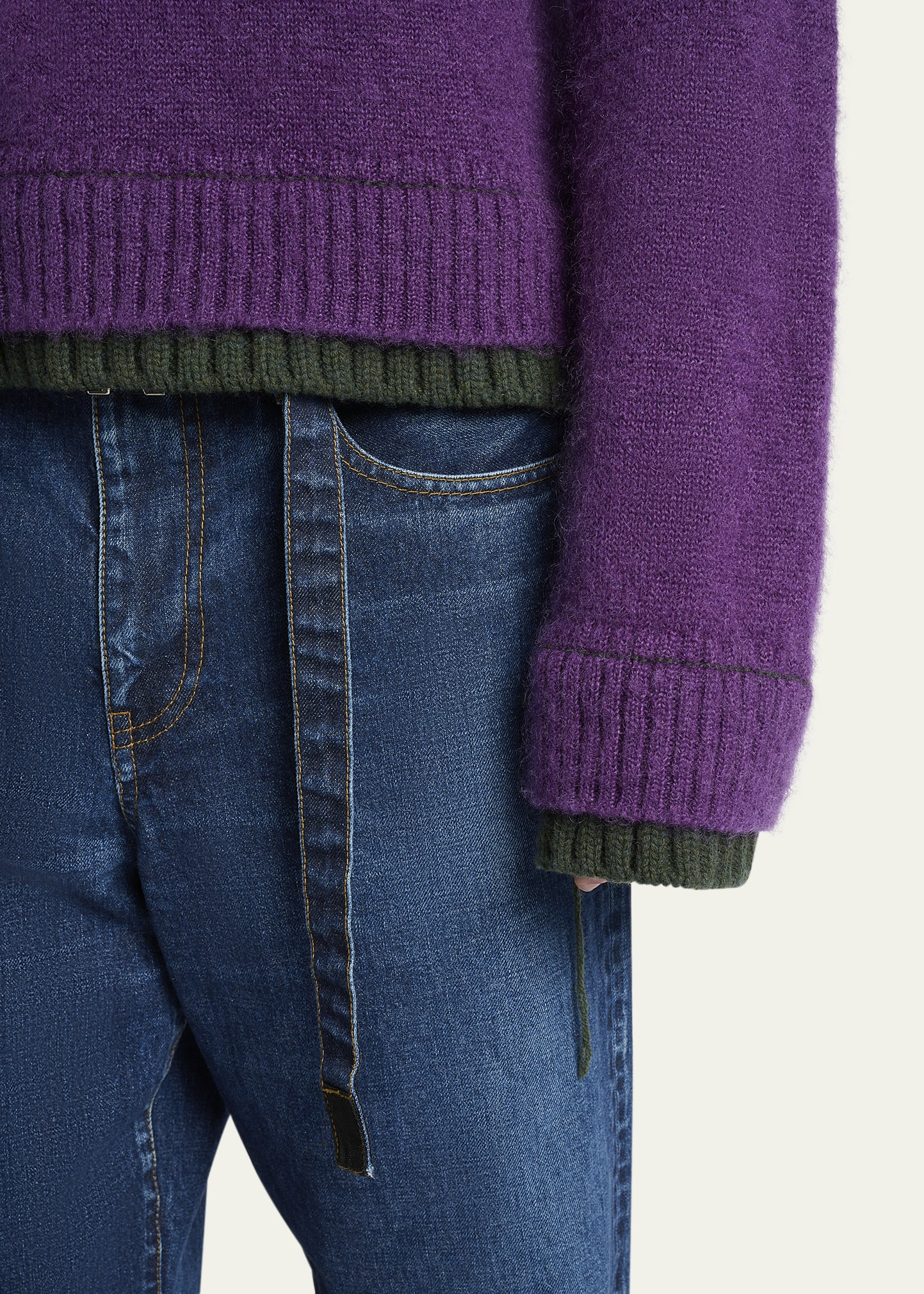 Men's Mohair Knit Layered Crewneck Sweater - 5