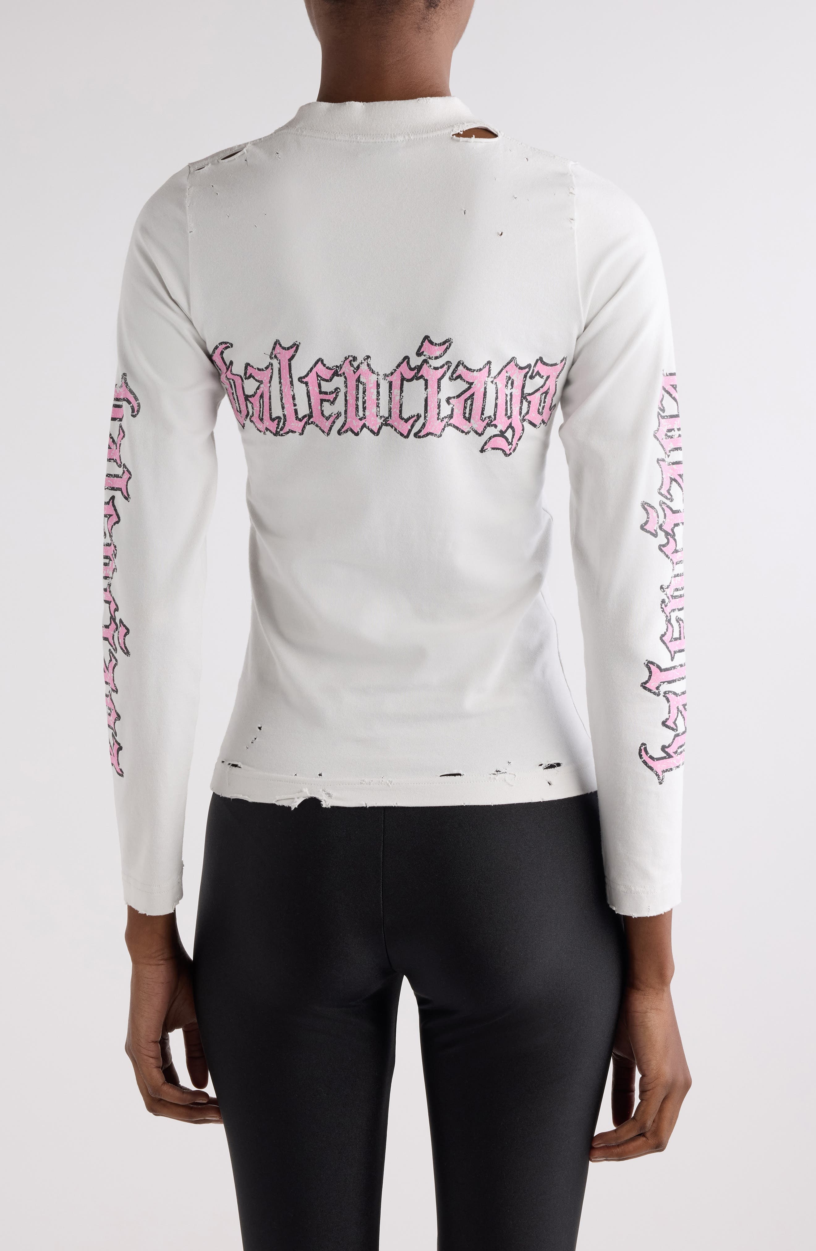 Balenciaga Blackletter Script Distressed Fitted Graphic T-Shirt in 9012 Dirty White at Nordstrom - 3