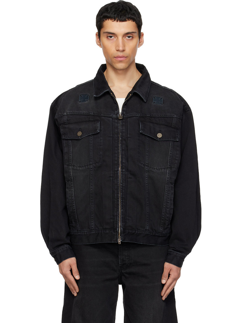 Black Appliqué Biker Crosses Zip Denim Jacket 1