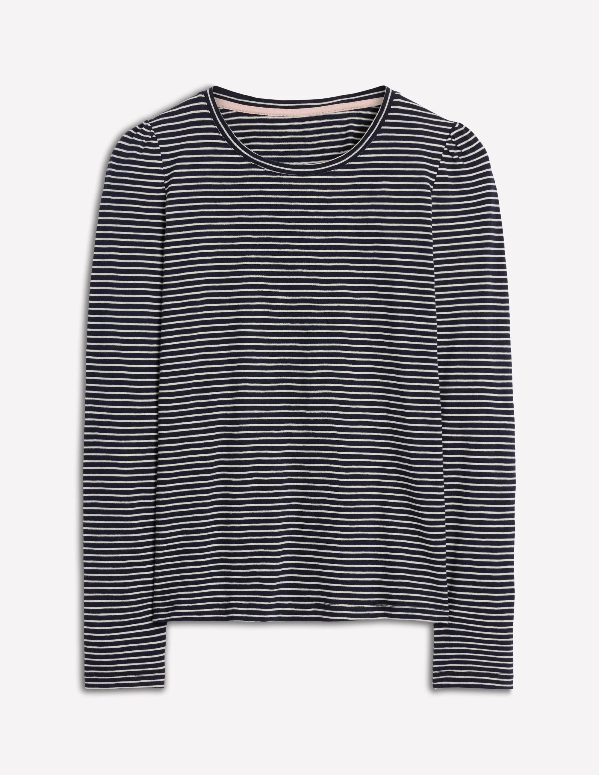 Cotton Crew Long Sleeve Top-Navy, Ivory Stripe - 1