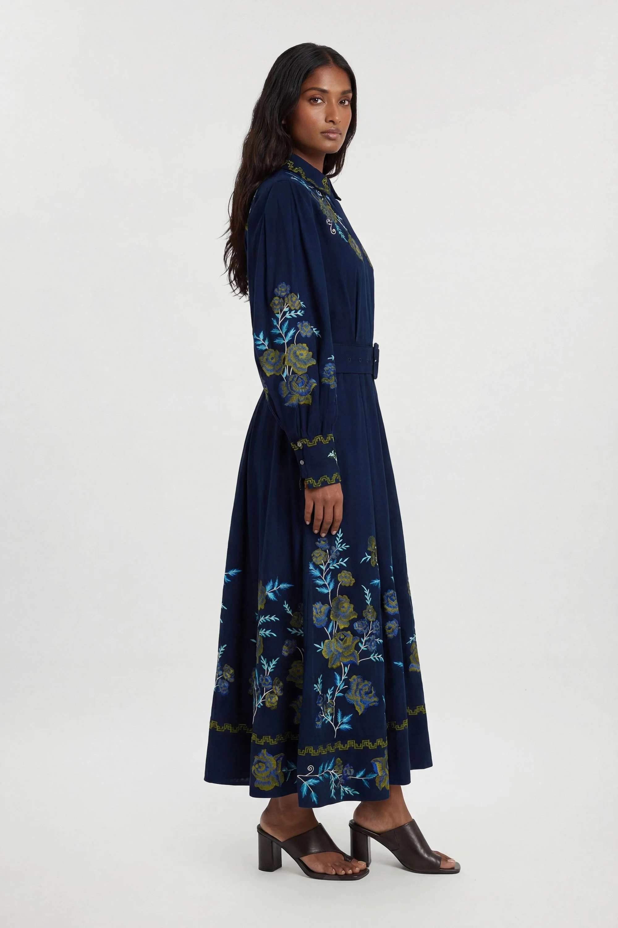 Petite Rose Embroidered Cotton Twill Woven Shirt Dress With Eyelets - 1