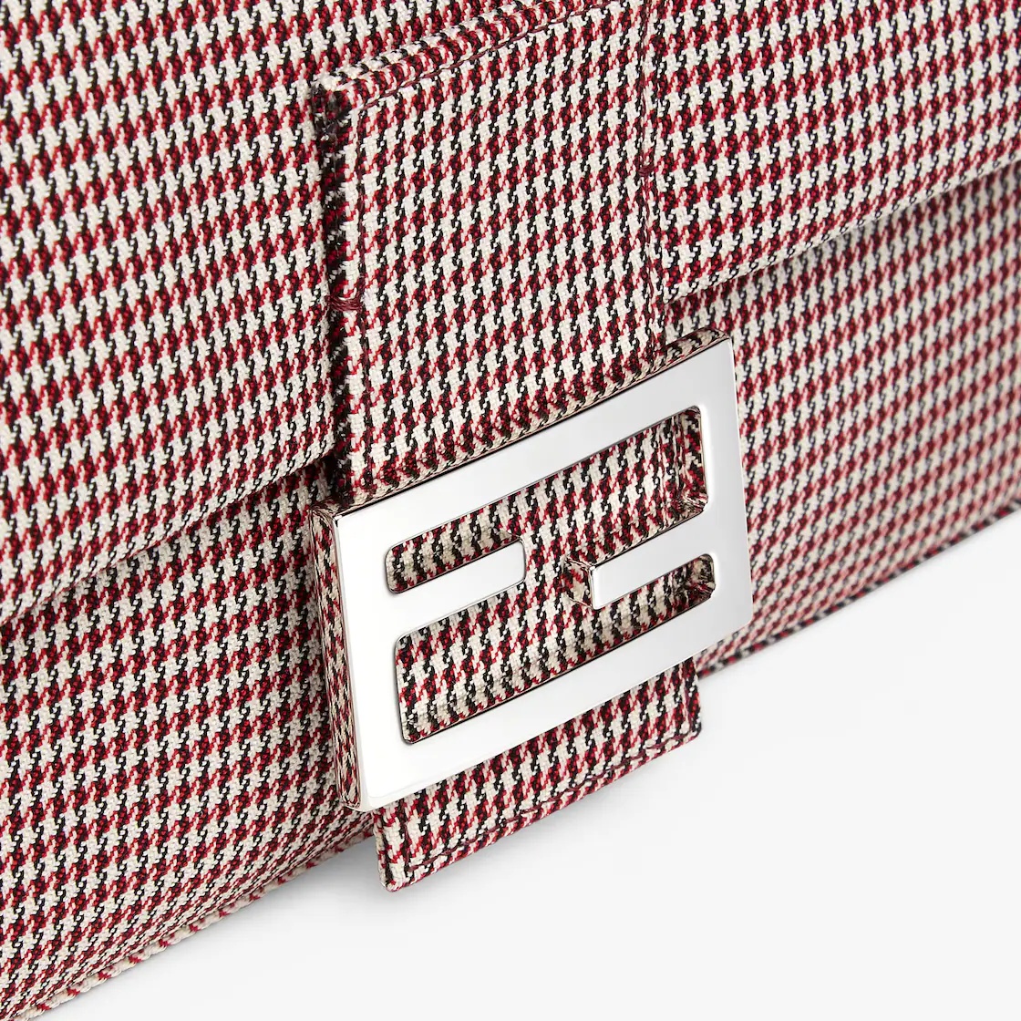 Baguette made of fabric with houndstooth motif in white and red, with square flap and FF magnetic cl - 5