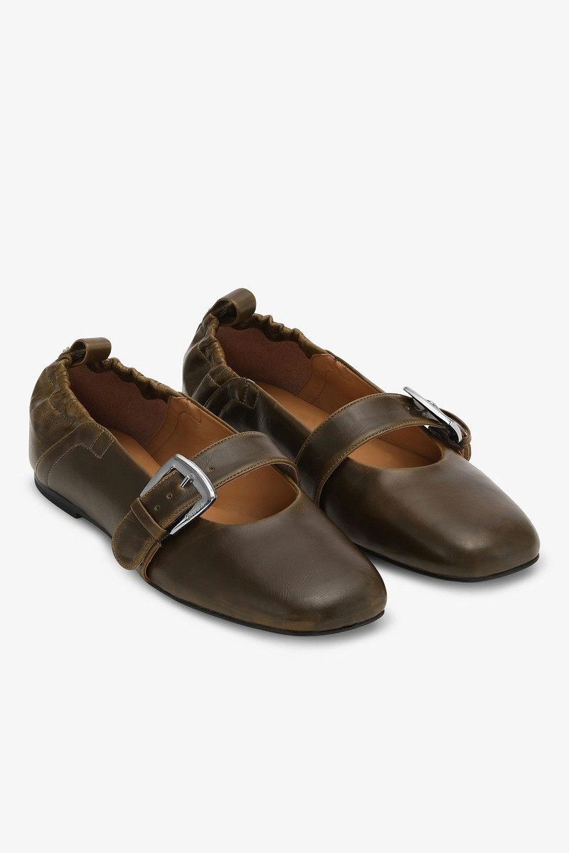 GANNI DARK-OLIVE BUCKLE STRAP BALLERINAS outlook