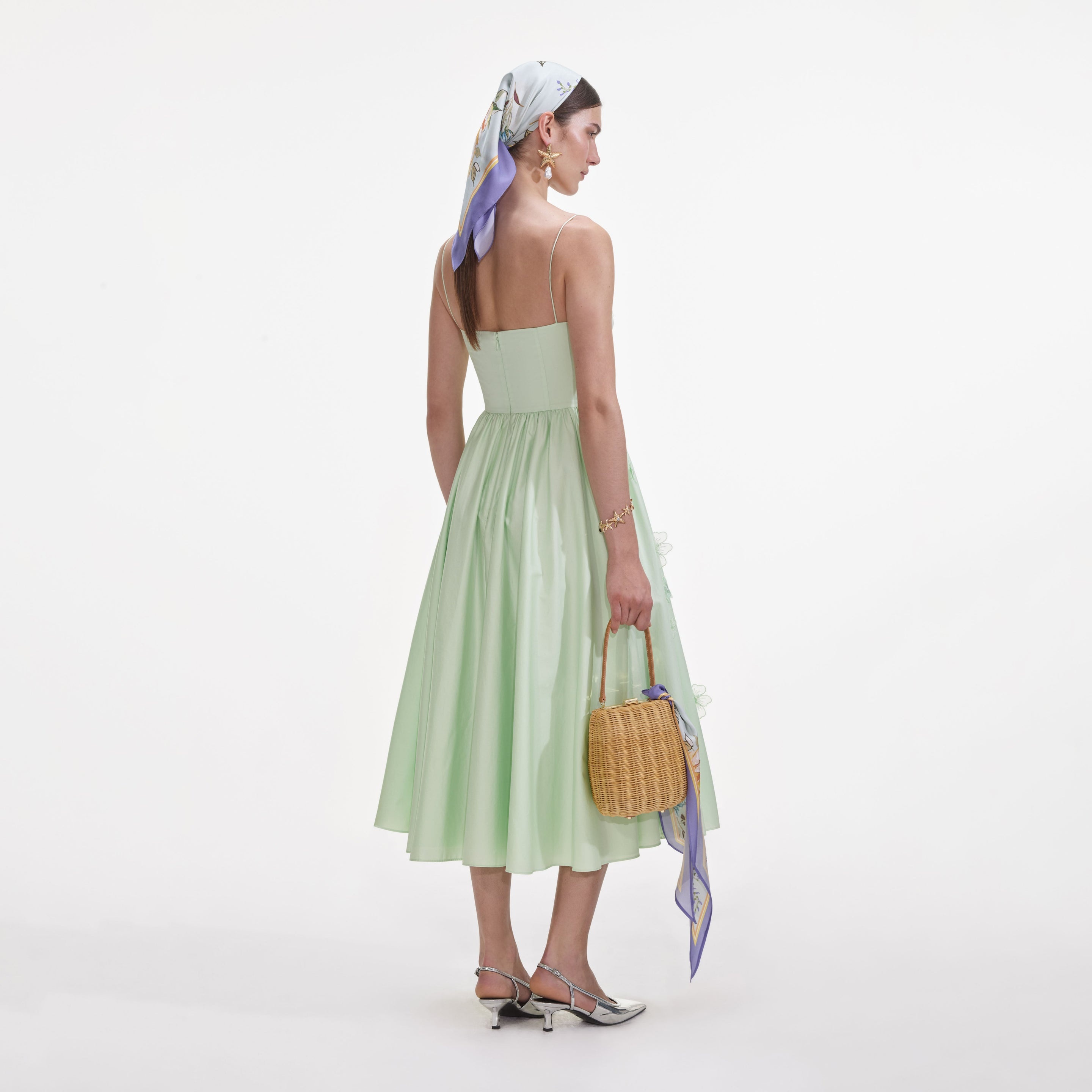 Green Cotton Flower Midi Dress - 3