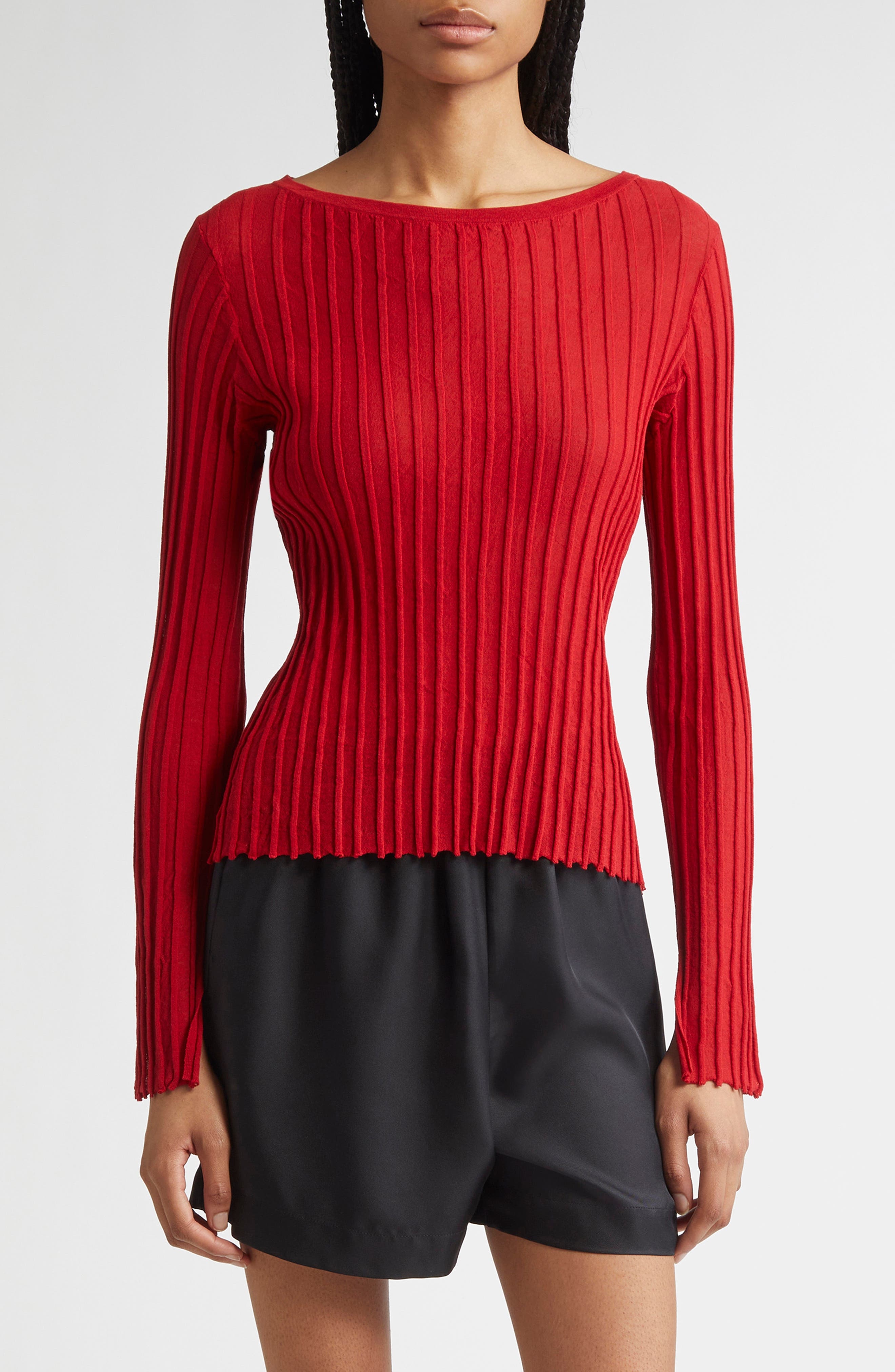 LOULOU DE SAISON Mabille Rib Long Sleeve Top in Red at Nordstrom - 1