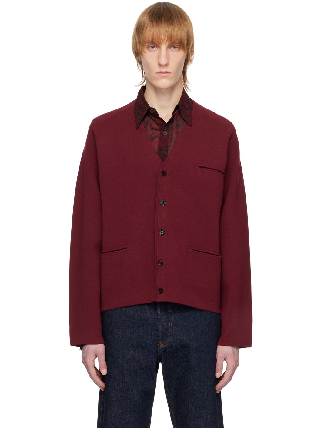 Burgundy Y-Neck Cardigan - 1