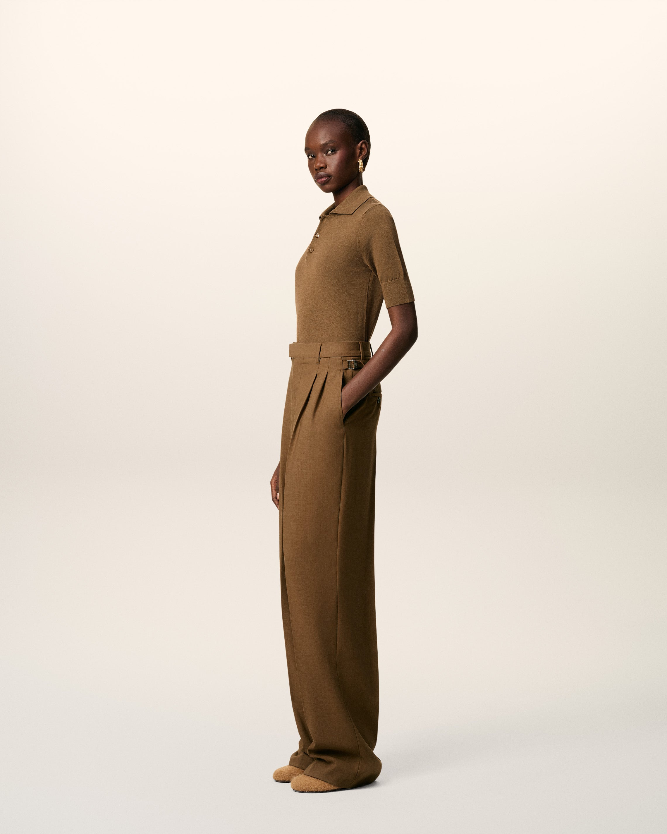 BROWN WOOL HIGH WAIST TABS WIDE TROUSERS - 6