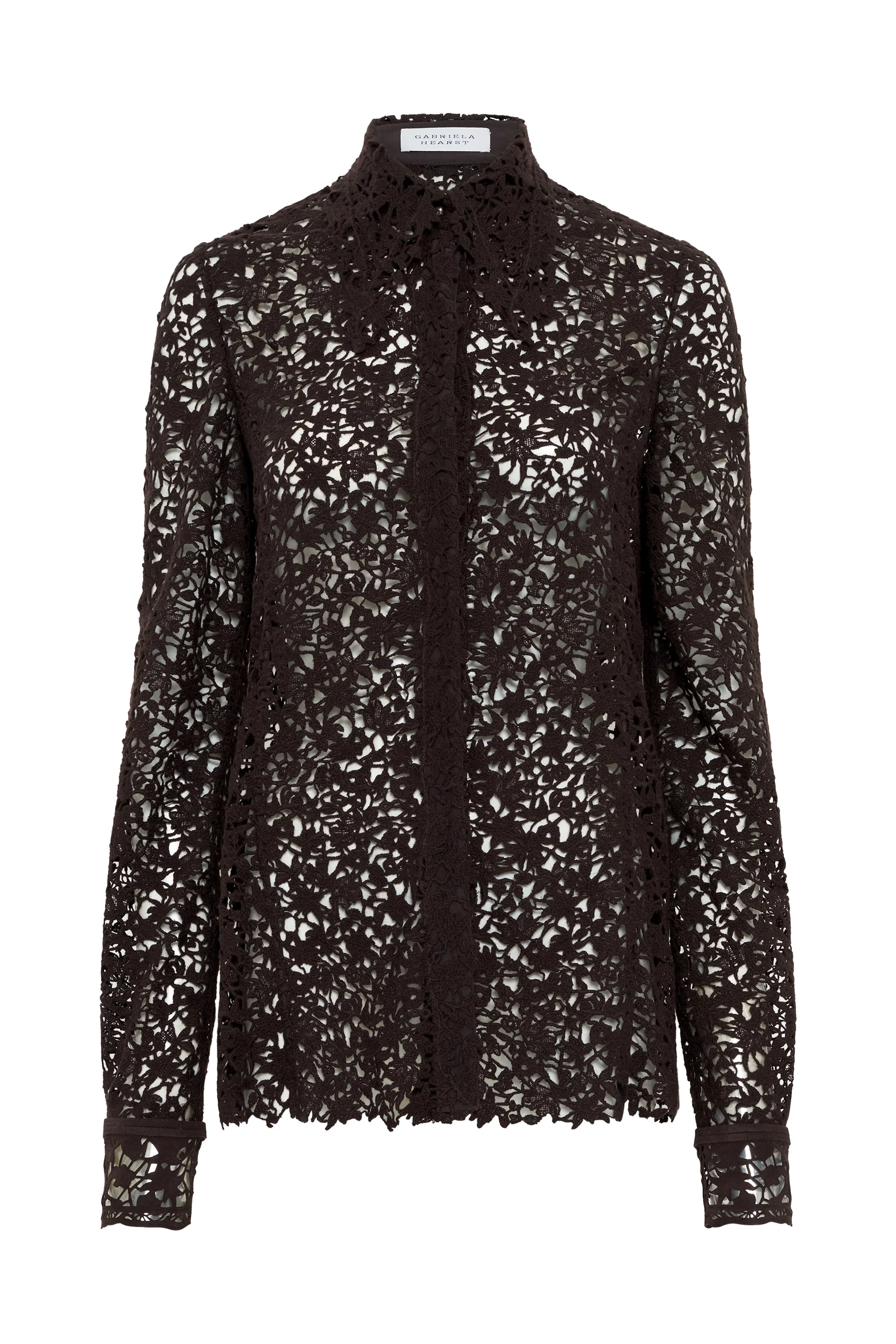 Vera Shirt in Chocolate Floral Cashmere Lace with Suede Lace Cuffs - 1