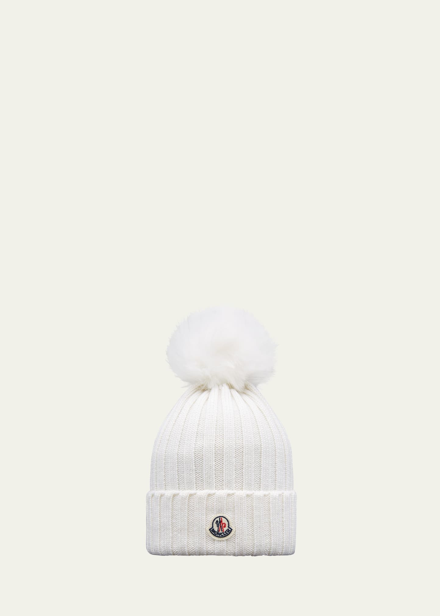 Ribbed Wool Beanie with Faux Fur Pom - 1