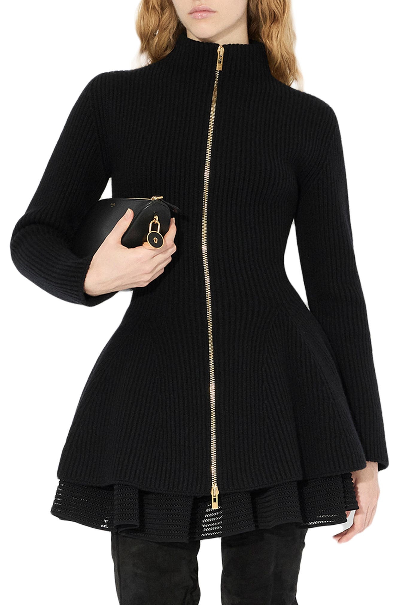 Alaïa Rib Wool & Cashmere Peplum Cardigan in Noir Alaia at Nordstrom - 1