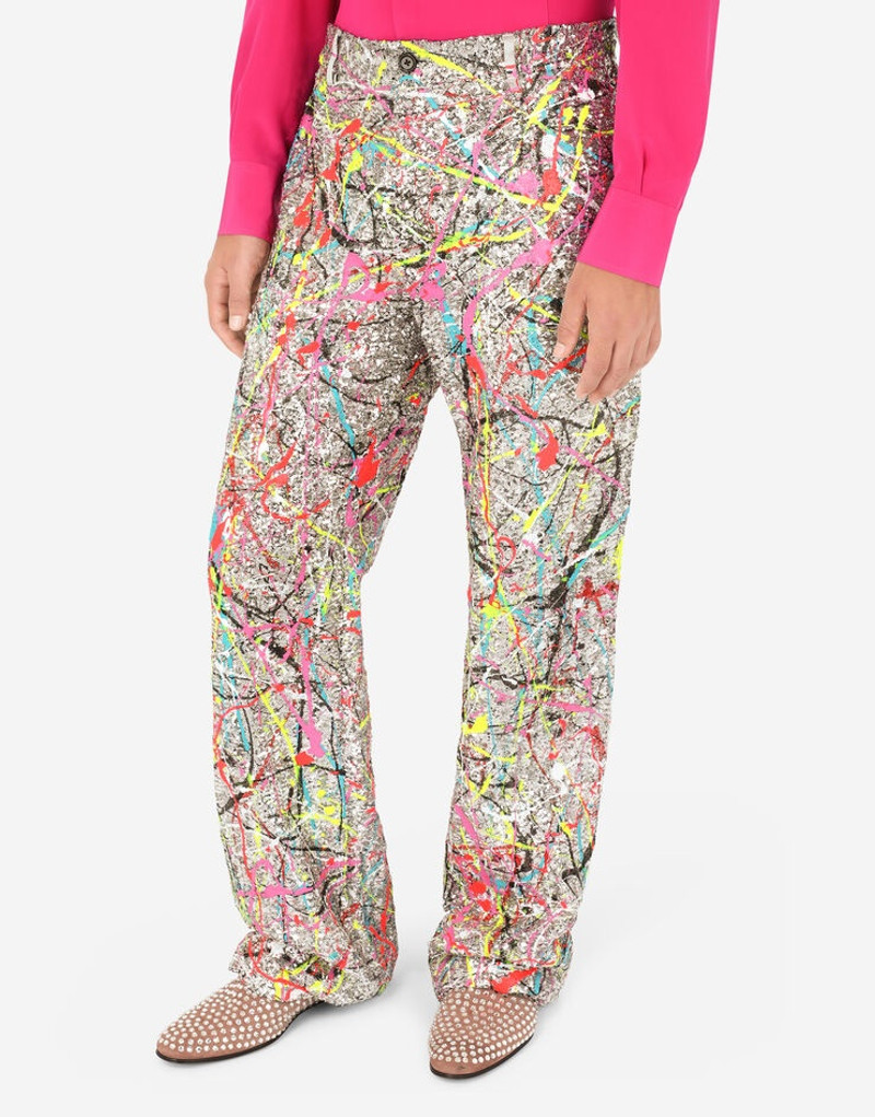Sequined pants with color splash print 4