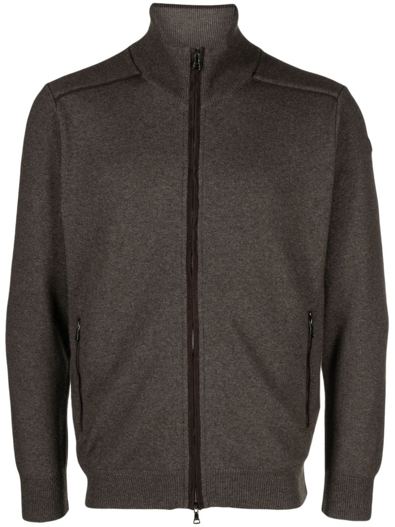 suede-trim ribbed-knit cardigan 1