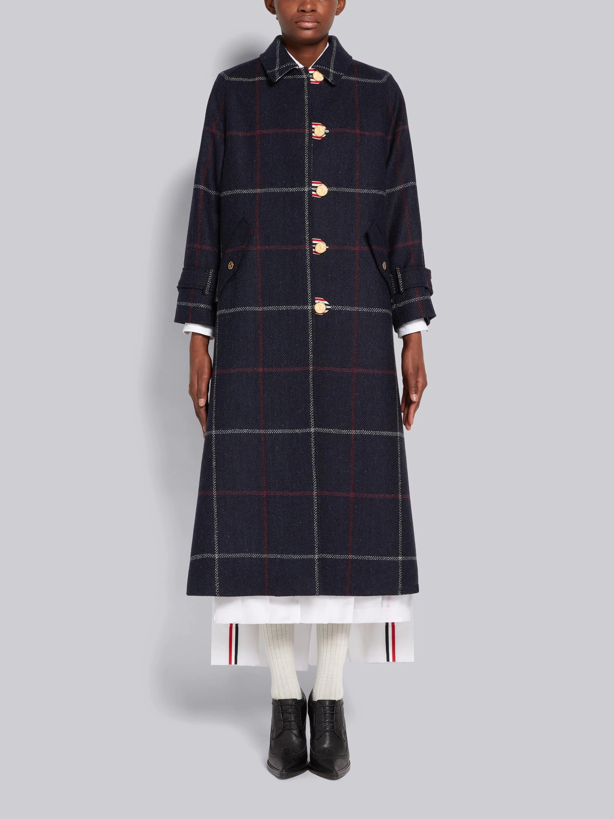 Navy Herringbone Windowpane British Wool Toggle Closure Raglan Sleeve Duffle Overcoat - 1