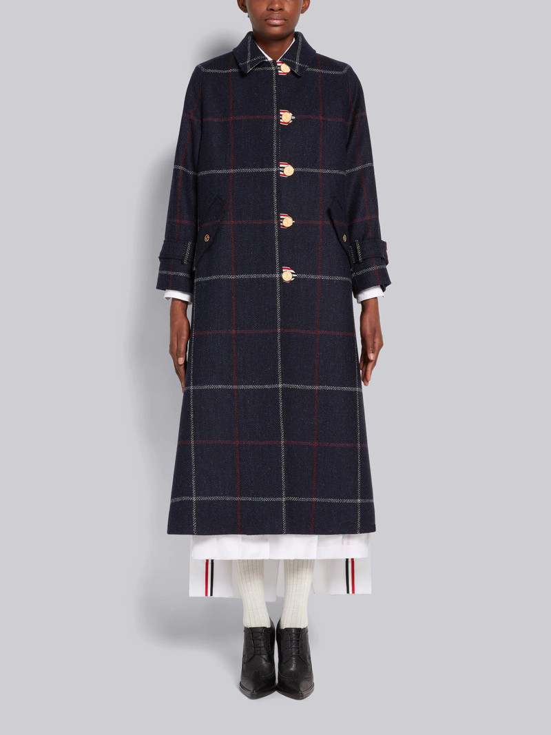 Navy Herringbone Windowpane British Wool Toggle Closure Raglan Sleeve Duffle Overcoat 1