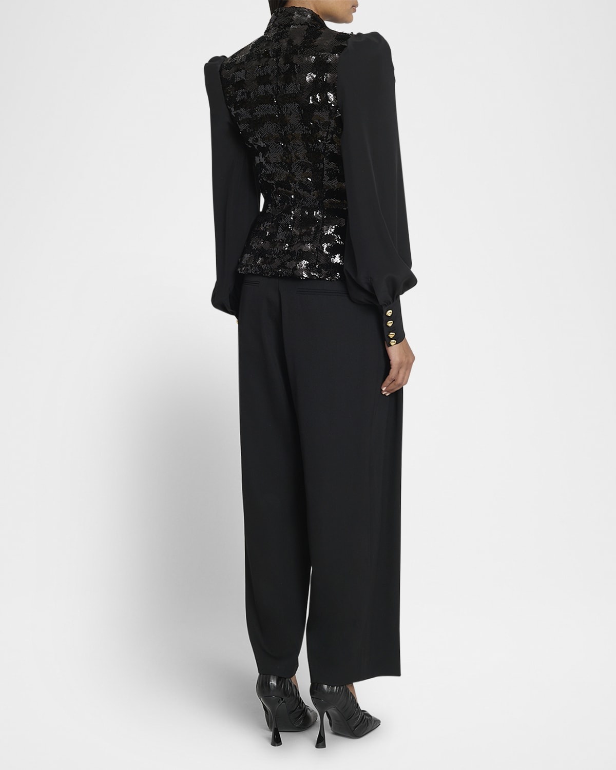 Sequined Double-Breasted Blazer with Muslin Sleeves - 4