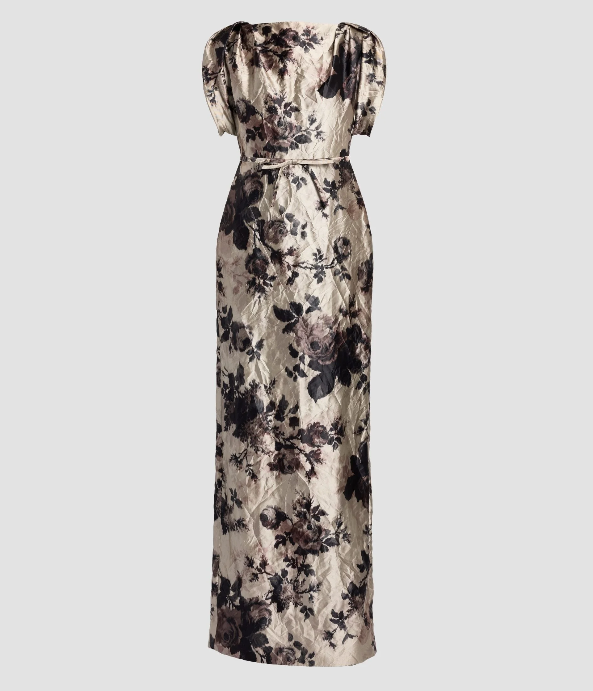 FLORAL TEXTURED SATIN SHORT SLEEVE GOWN - 1